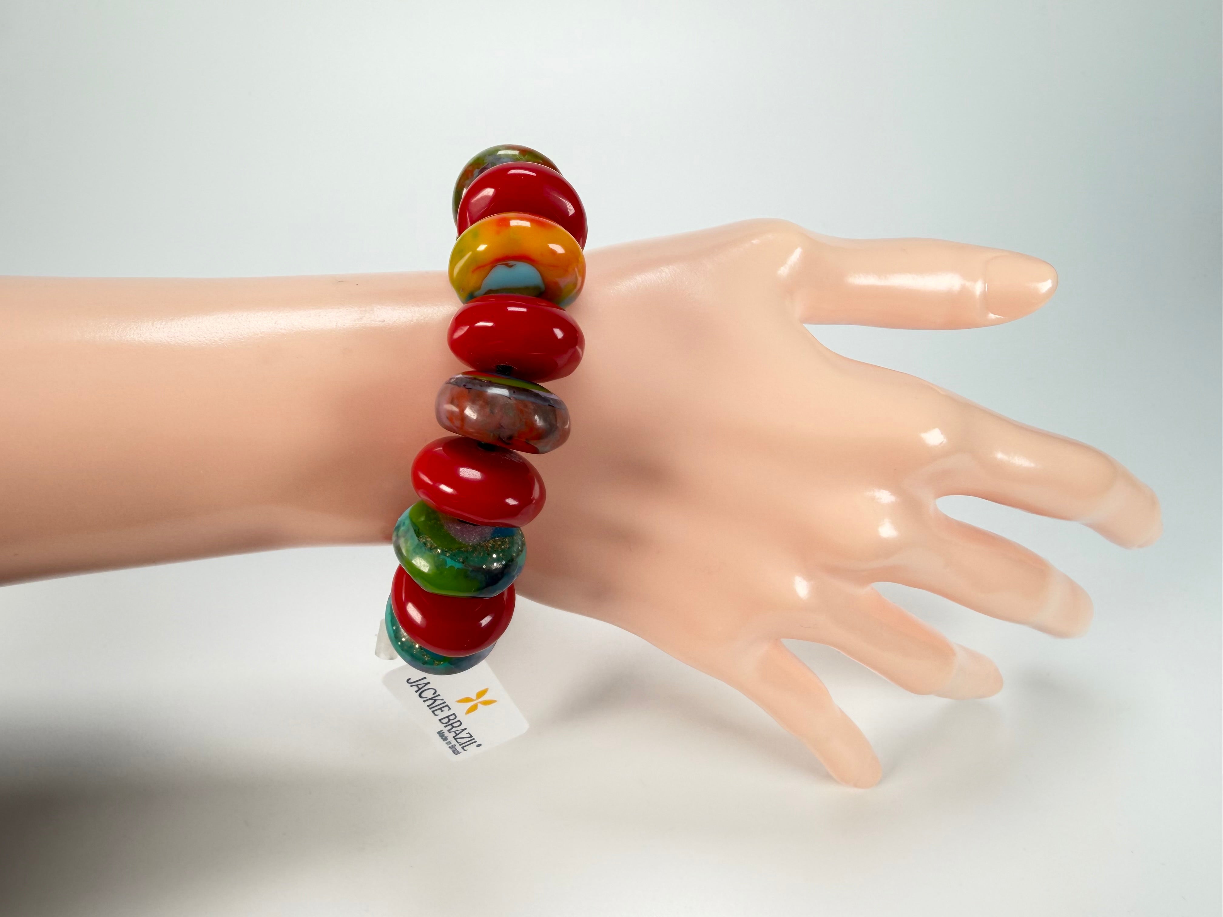 Jackie Brazil "Bela" Red Gloss & Kandinsky Elasticated Mini Wheels Resin Bracelet ( B0920 )