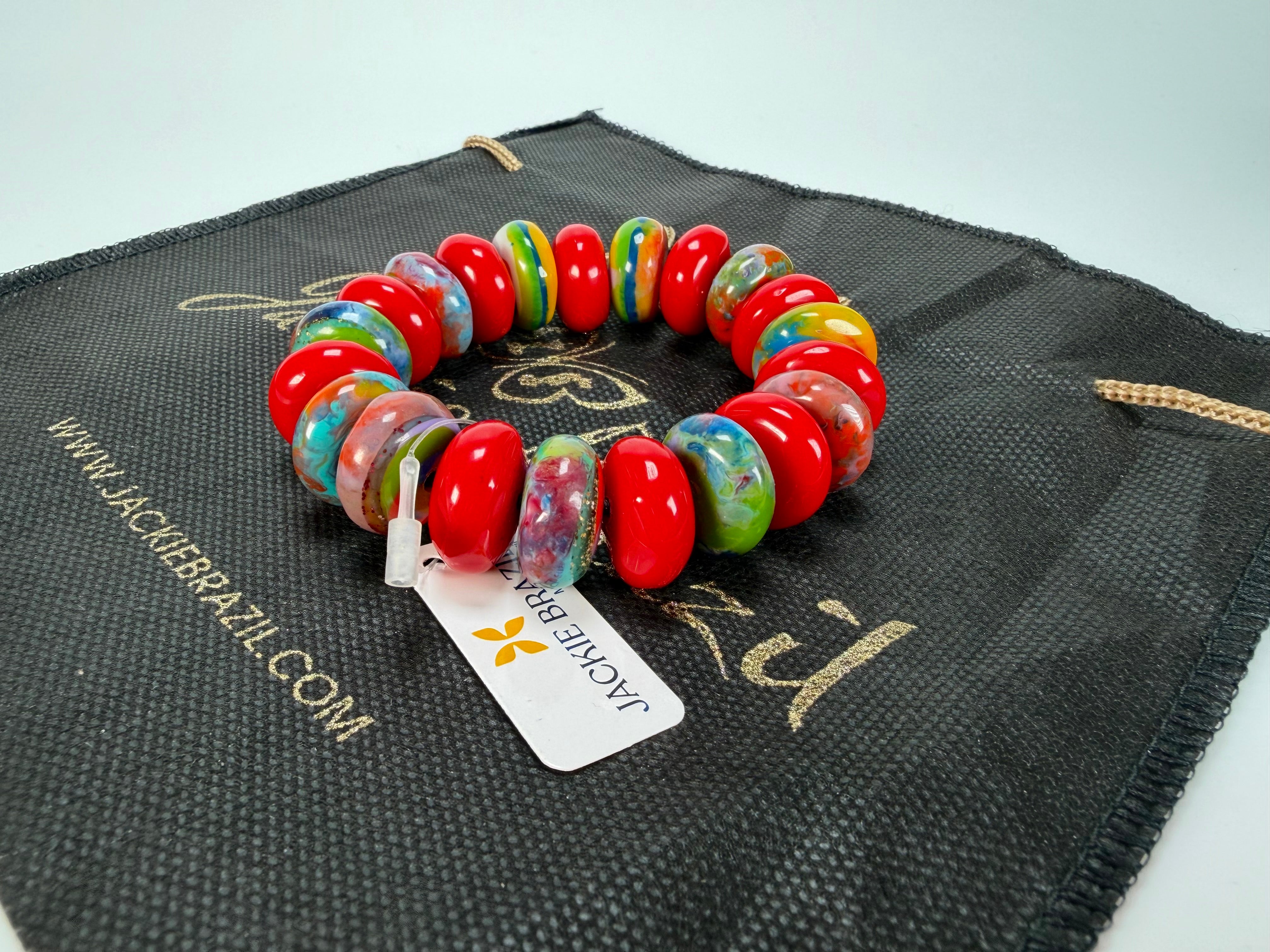Jackie Brazil "Bela" Red Gloss & Kandinsky Elasticated Mini Wheels Resin Bracelet ( B0920 )