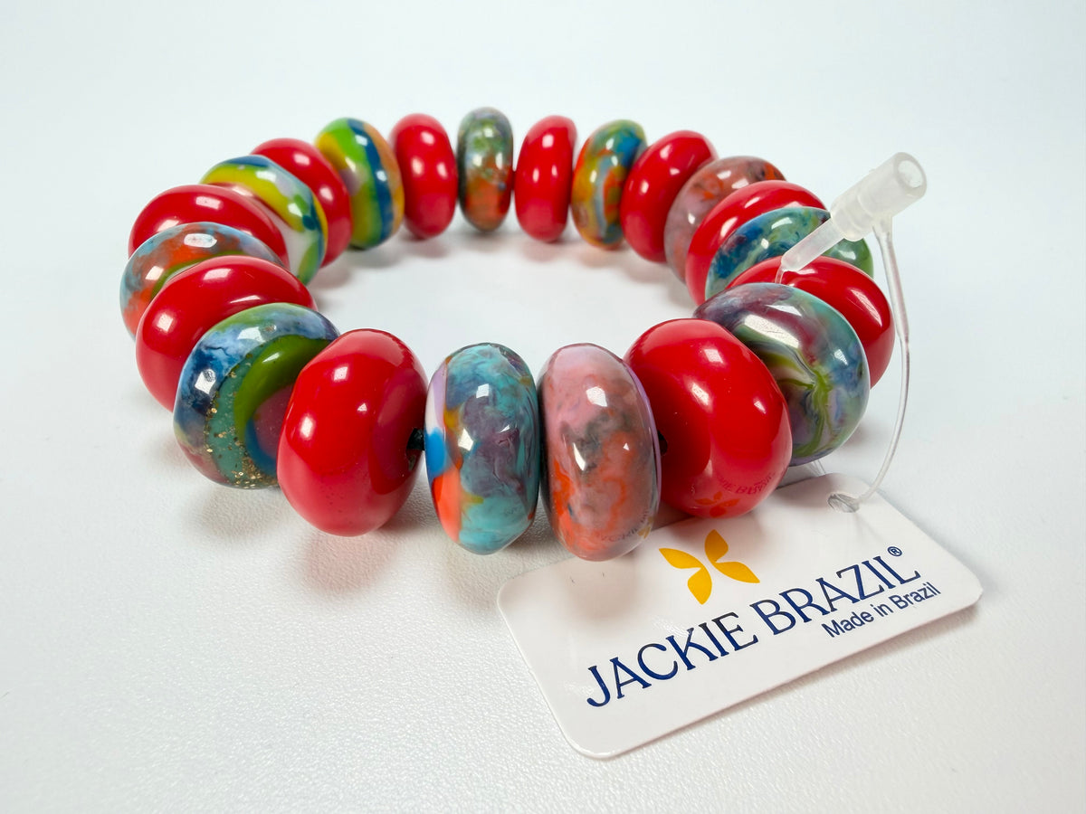 Jackie Brazil "Bela" Red Gloss & Kandinsky Elasticated Mini Wheels Resin Bracelet ( B0920 )