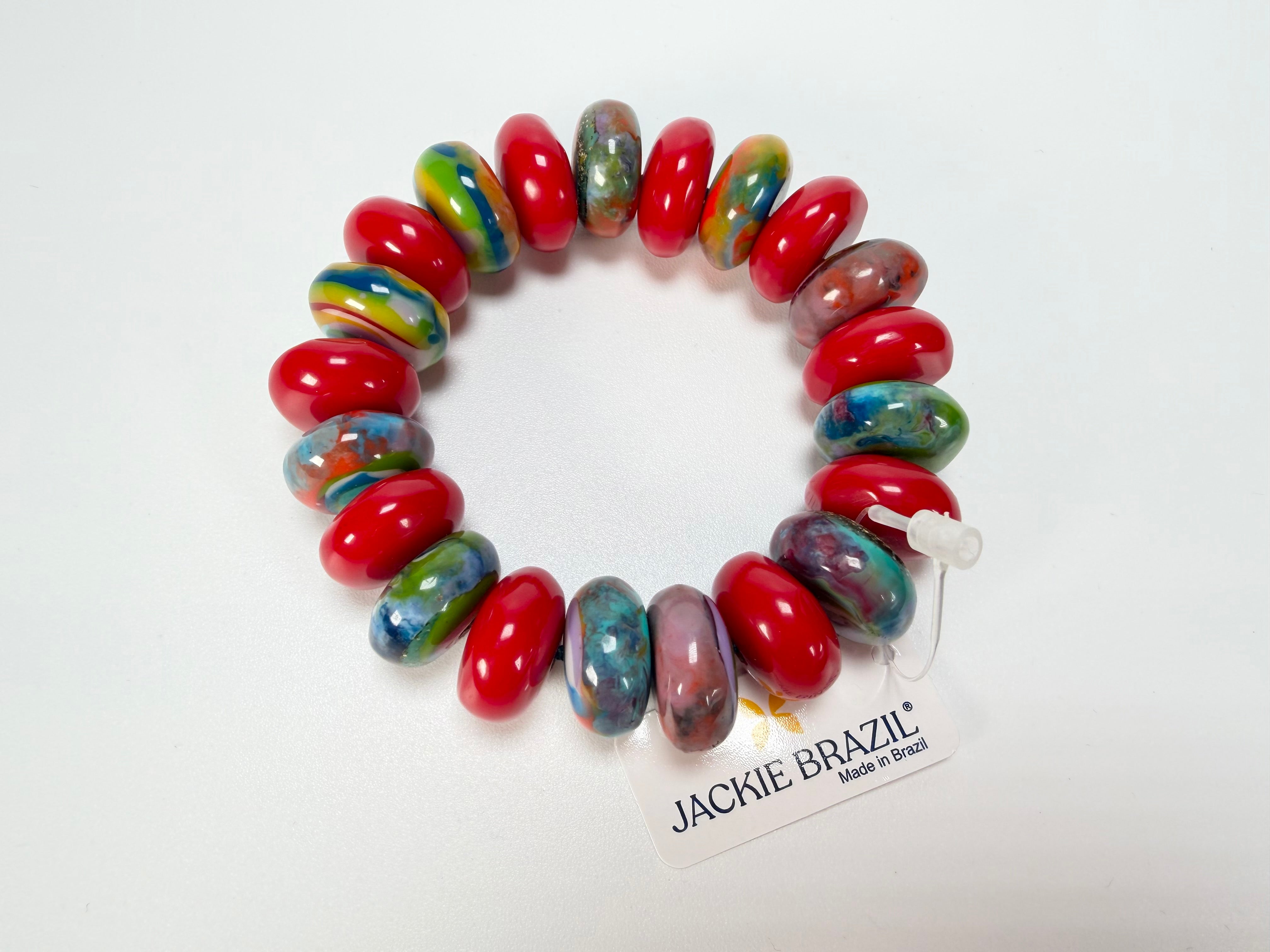 Jackie Brazil "Bela" Red Gloss & Kandinsky Elasticated Mini Wheels Resin Bracelet ( B0920 )