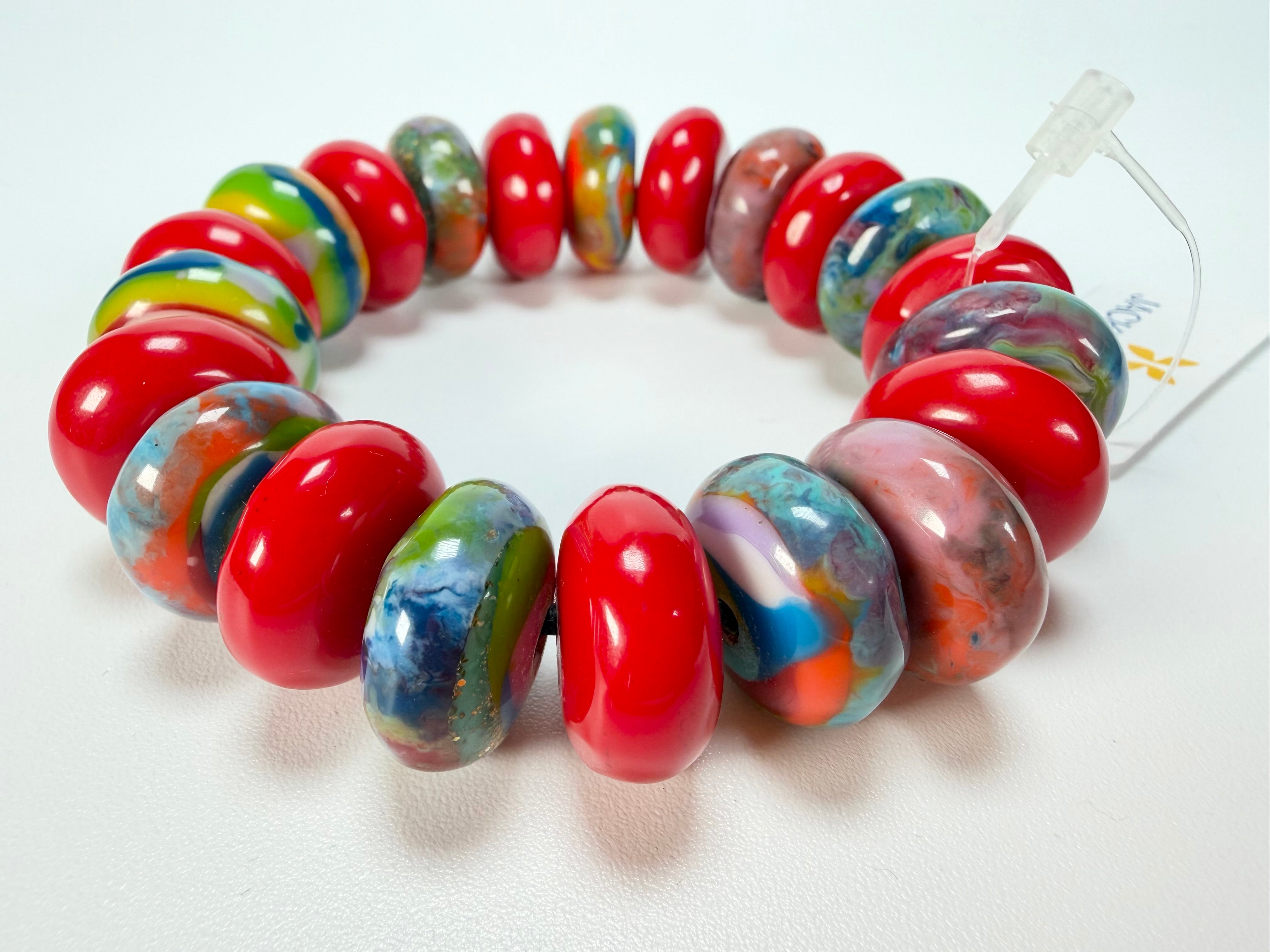 Jackie Brazil "Bela" Red Gloss & Kandinsky Elasticated Mini Wheels Resin Bracelet ( B0920 )