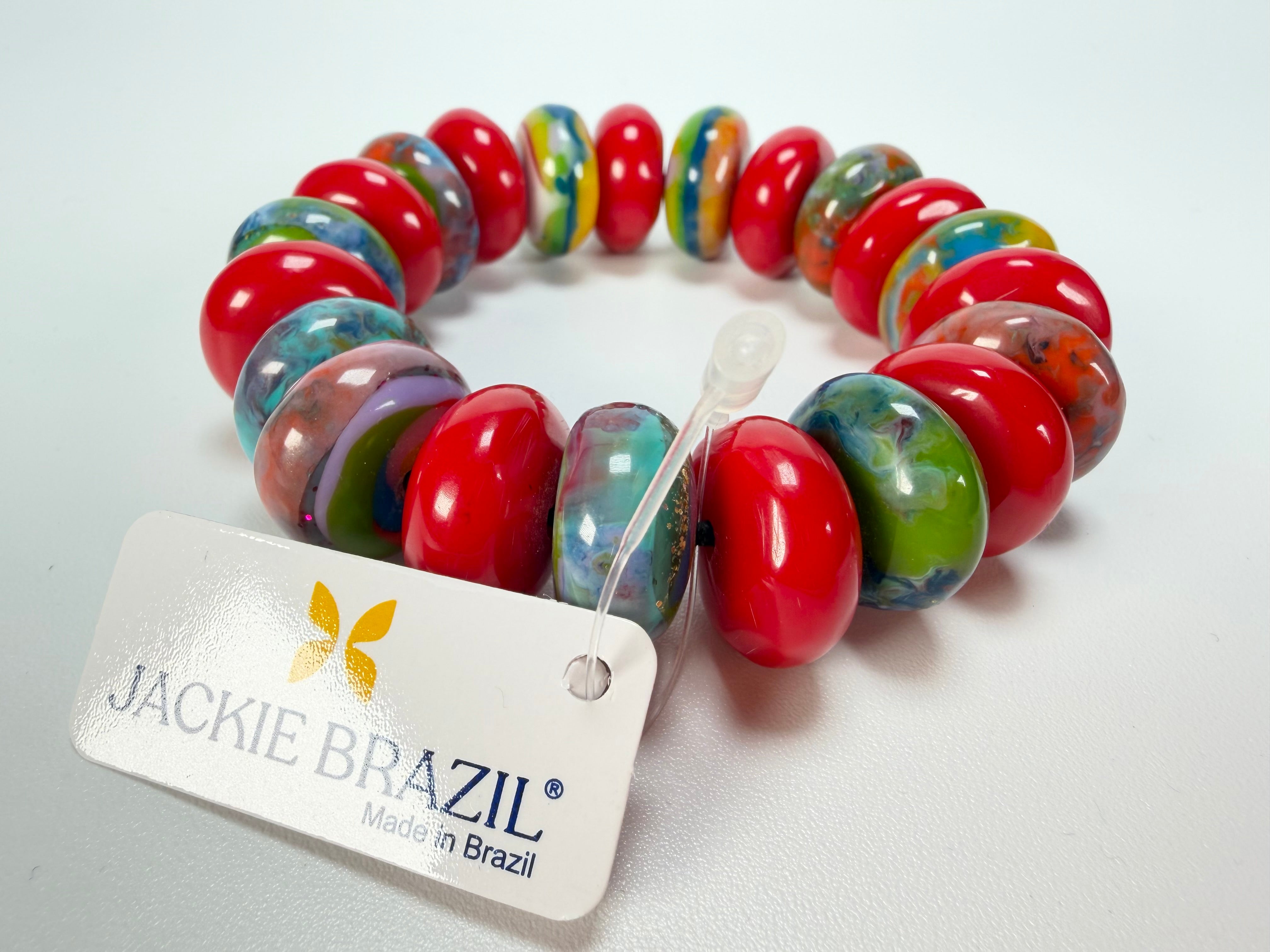 Jackie Brazil "Bela" Red Gloss & Kandinsky Elasticated Mini Wheels Resin Bracelet ( B0920 )