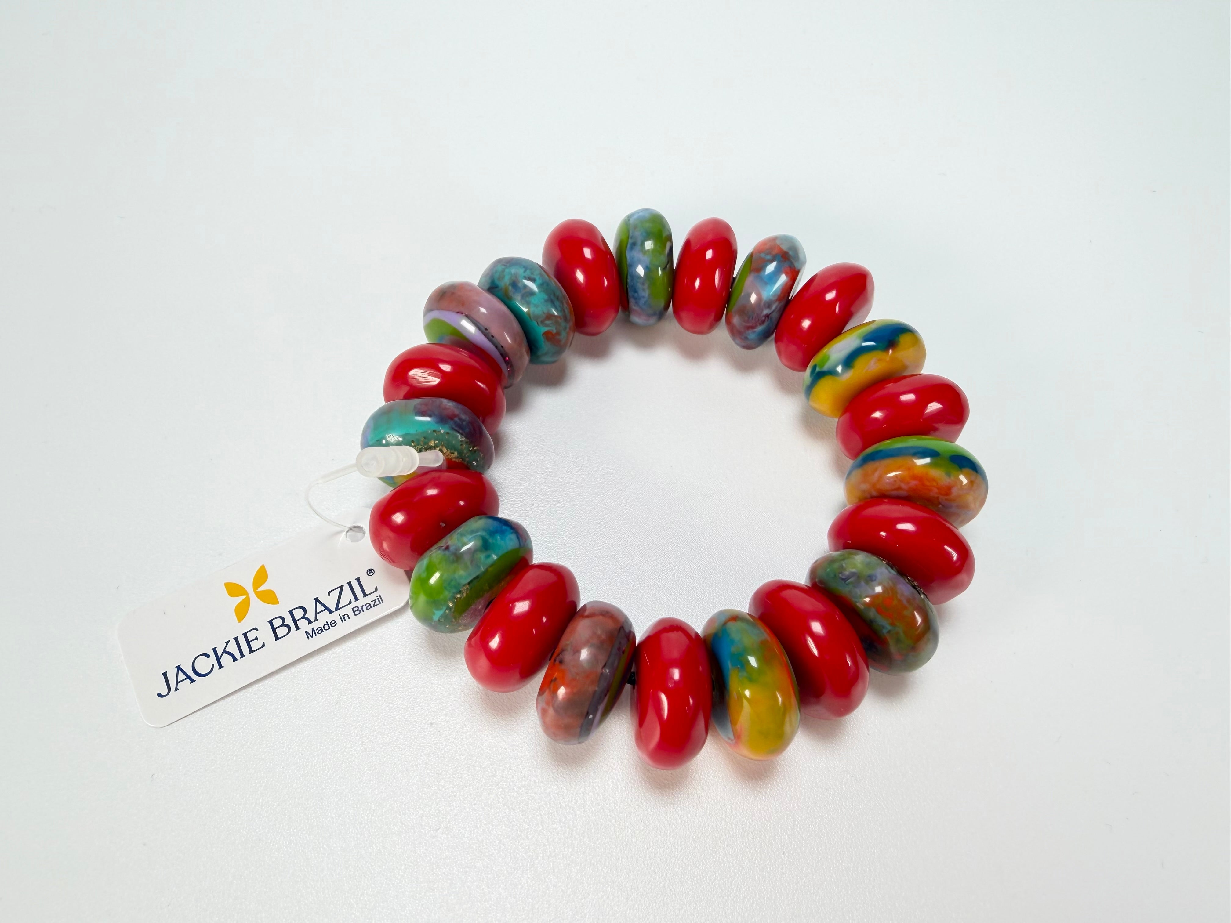 Jackie Brazil "Bela" Red Gloss & Kandinsky Elasticated Mini Wheels Resin Bracelet ( B0920 )