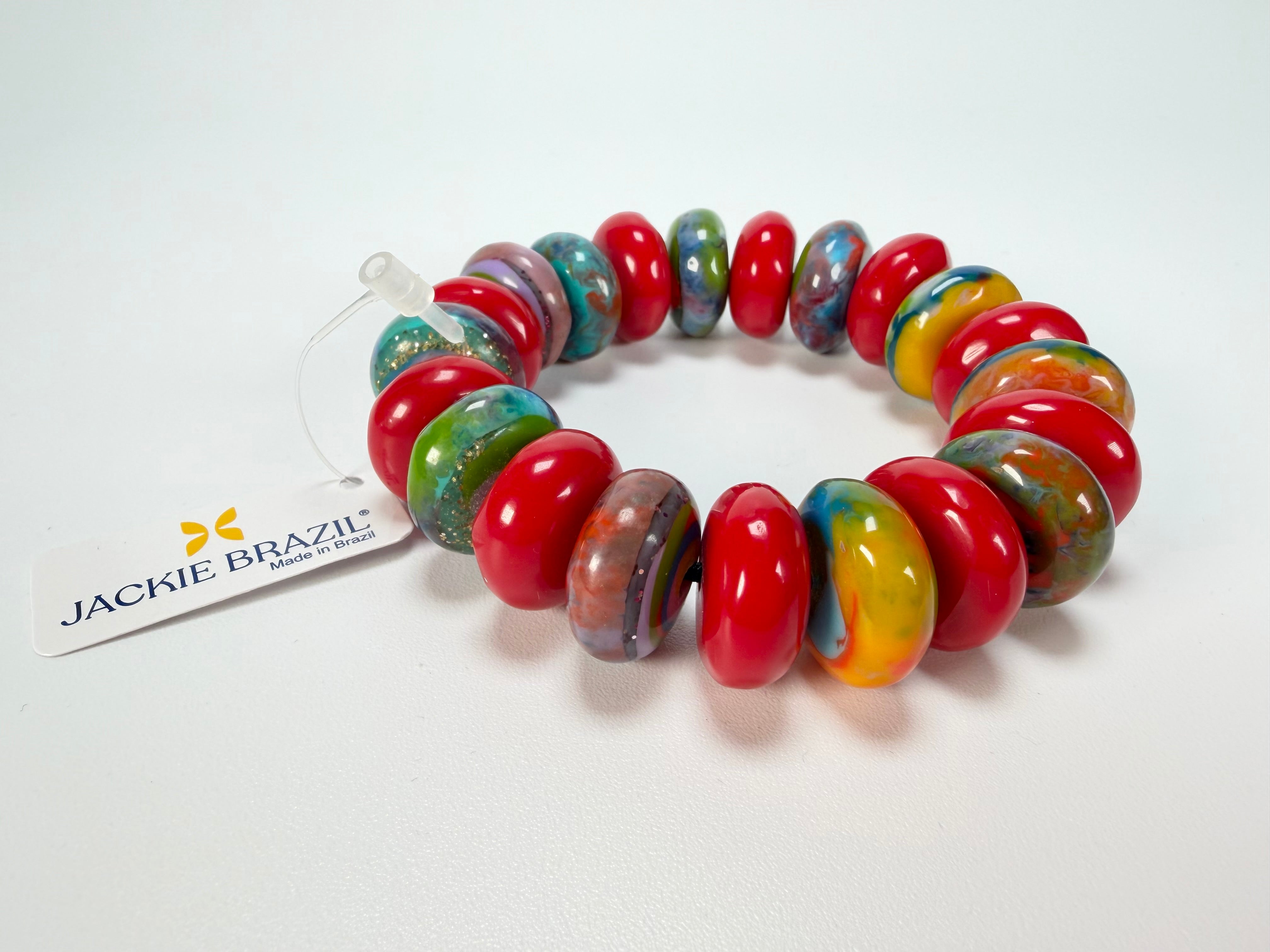 Jackie Brazil "Bela" Red Gloss & Kandinsky Elasticated Mini Wheels Resin Bracelet ( B0920 )