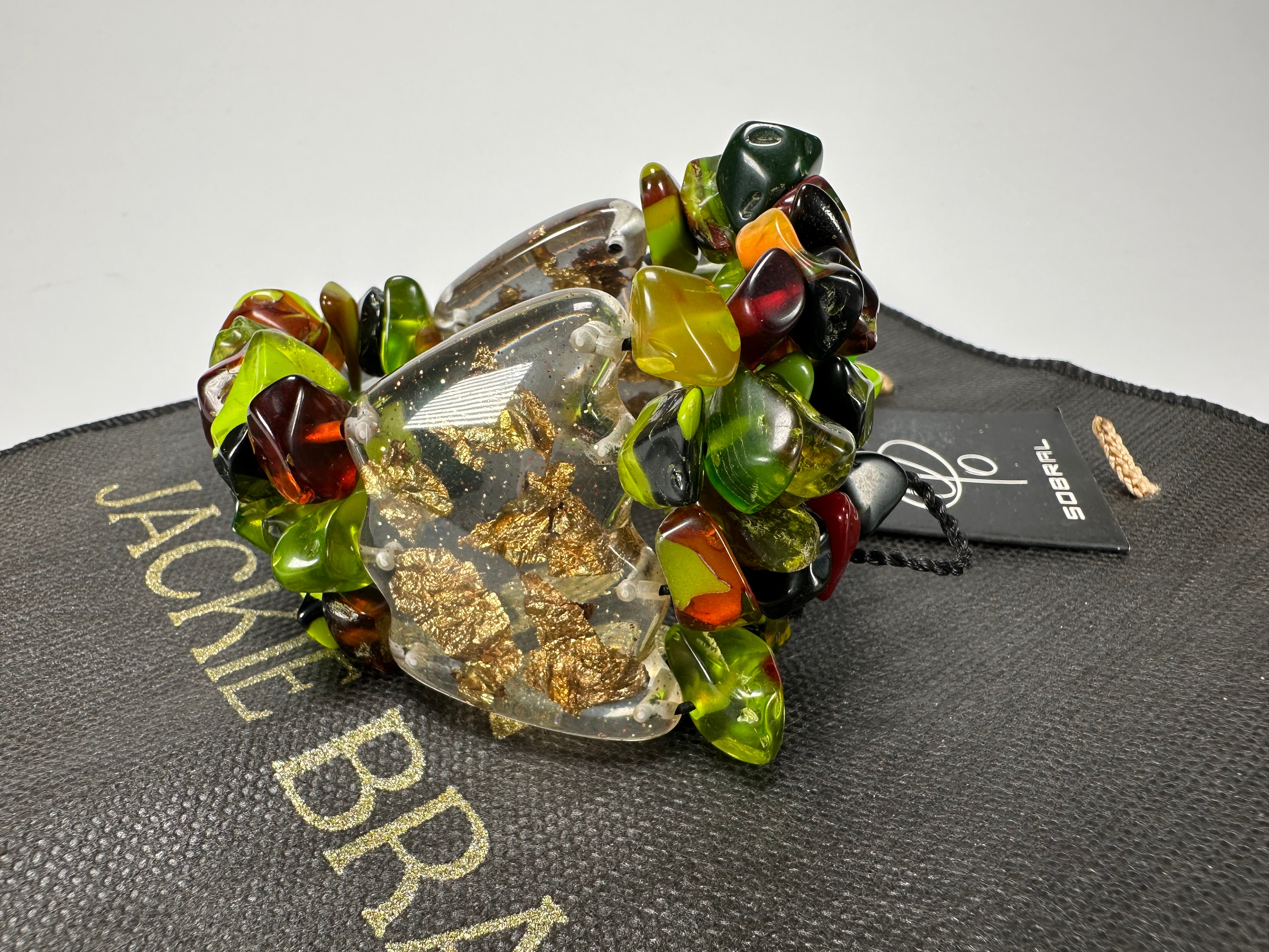 Jackie Brazil "Orient Express" 3 & 4 Beaded Strands with Leaf Pendant Green Mix Resin Bracelet ( B3544 )