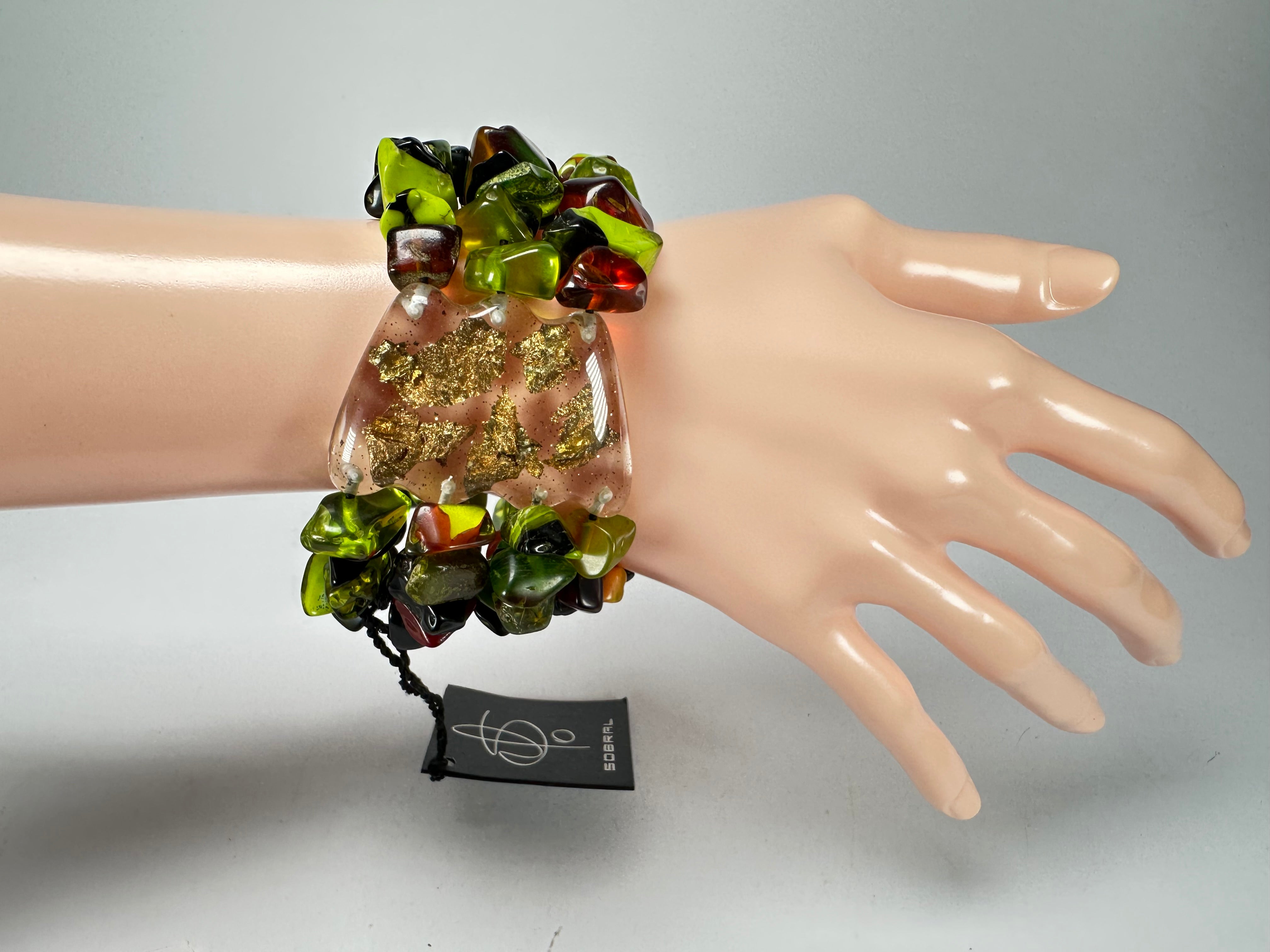 Jackie Brazil "Orient Express" 3 & 4 Beaded Strands with Leaf Pendant Green Mix Resin Bracelet ( B3544 )