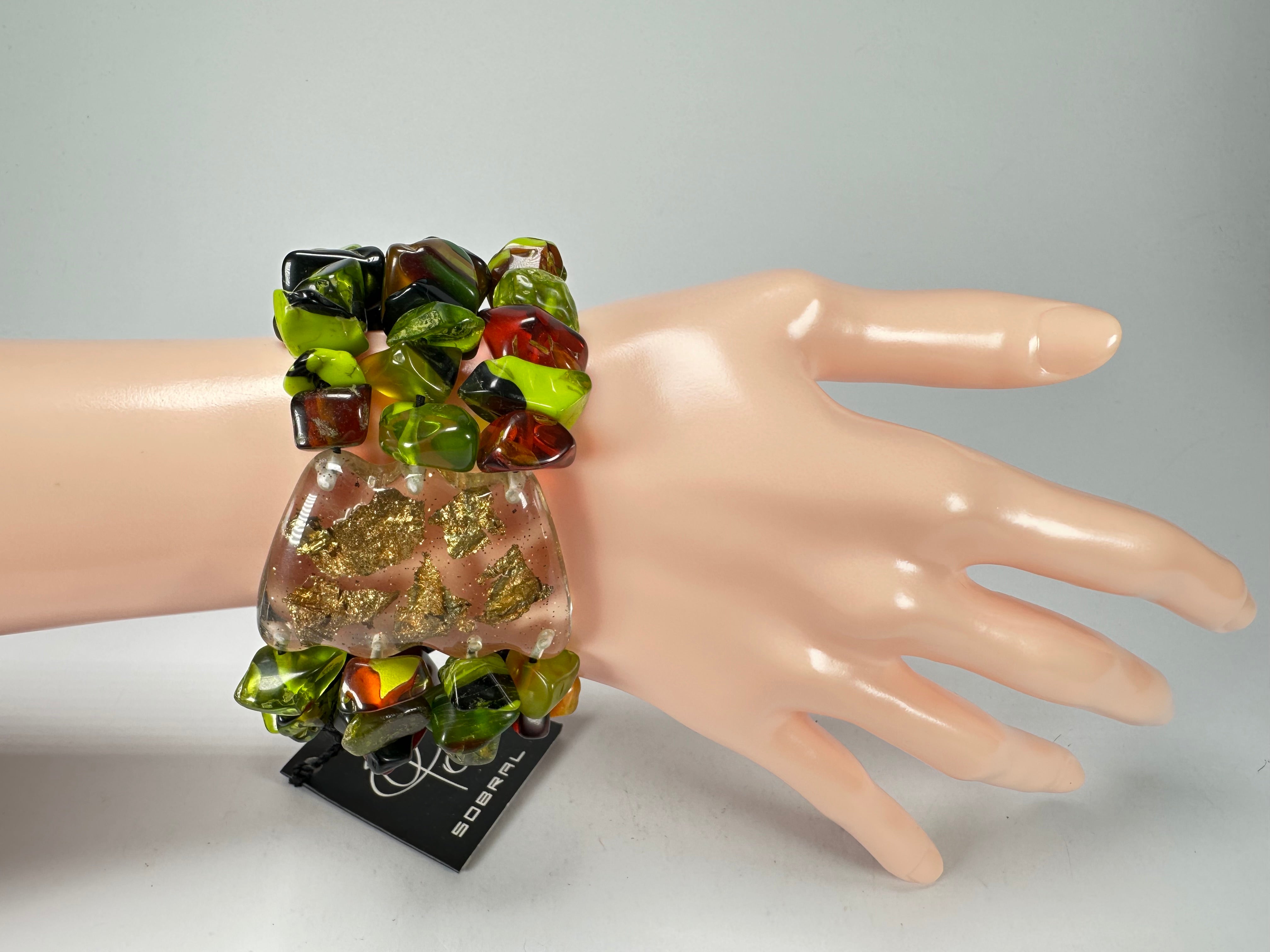 Jackie Brazil "Orient Express" 3 & 4 Beaded Strands with Leaf Pendant Green Mix Resin Bracelet ( B3544 )