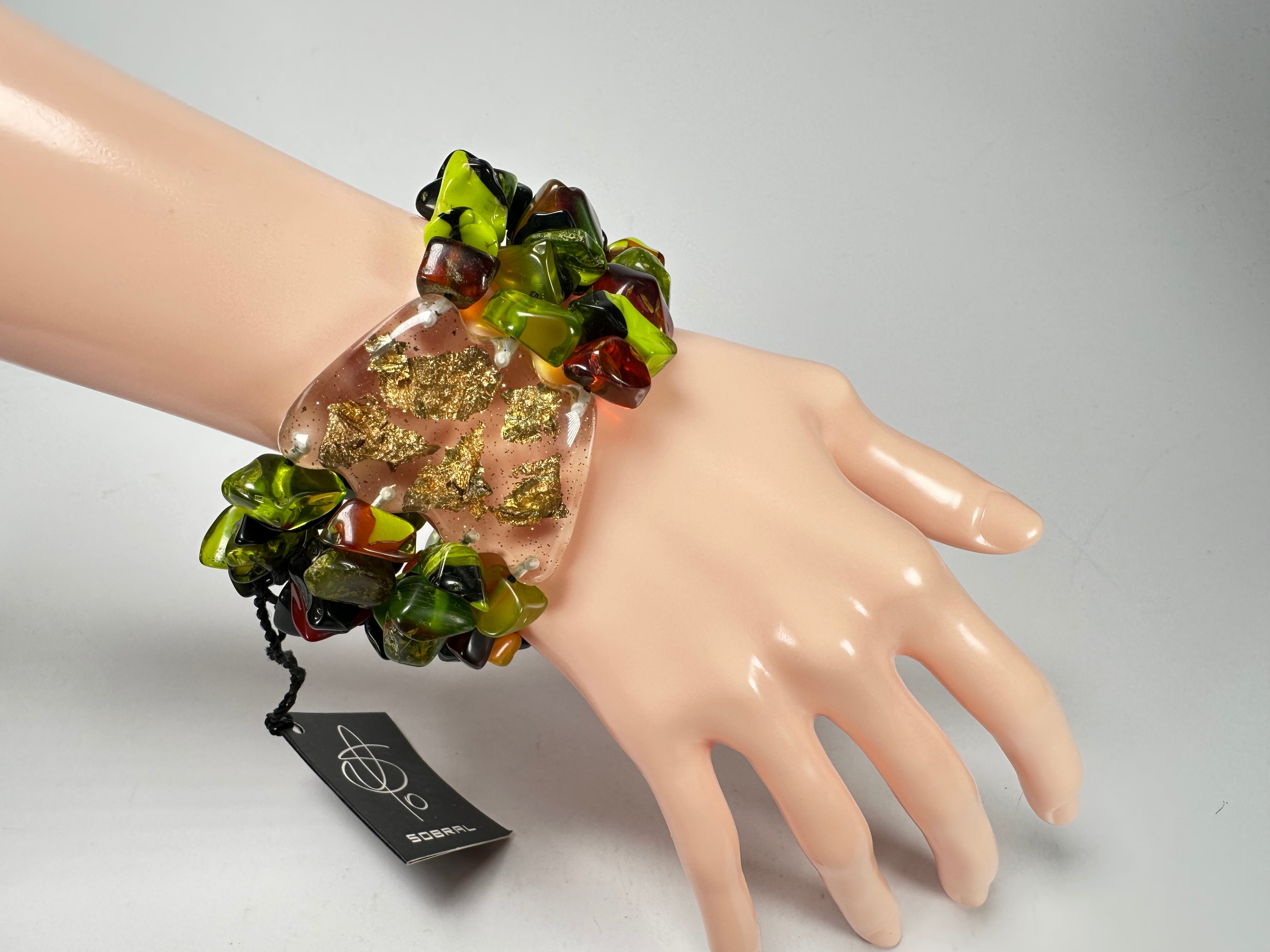 Jackie Brazil "Orient Express" 3 & 4 Beaded Strands with Leaf Pendant Green Mix Resin Bracelet ( B3544 )