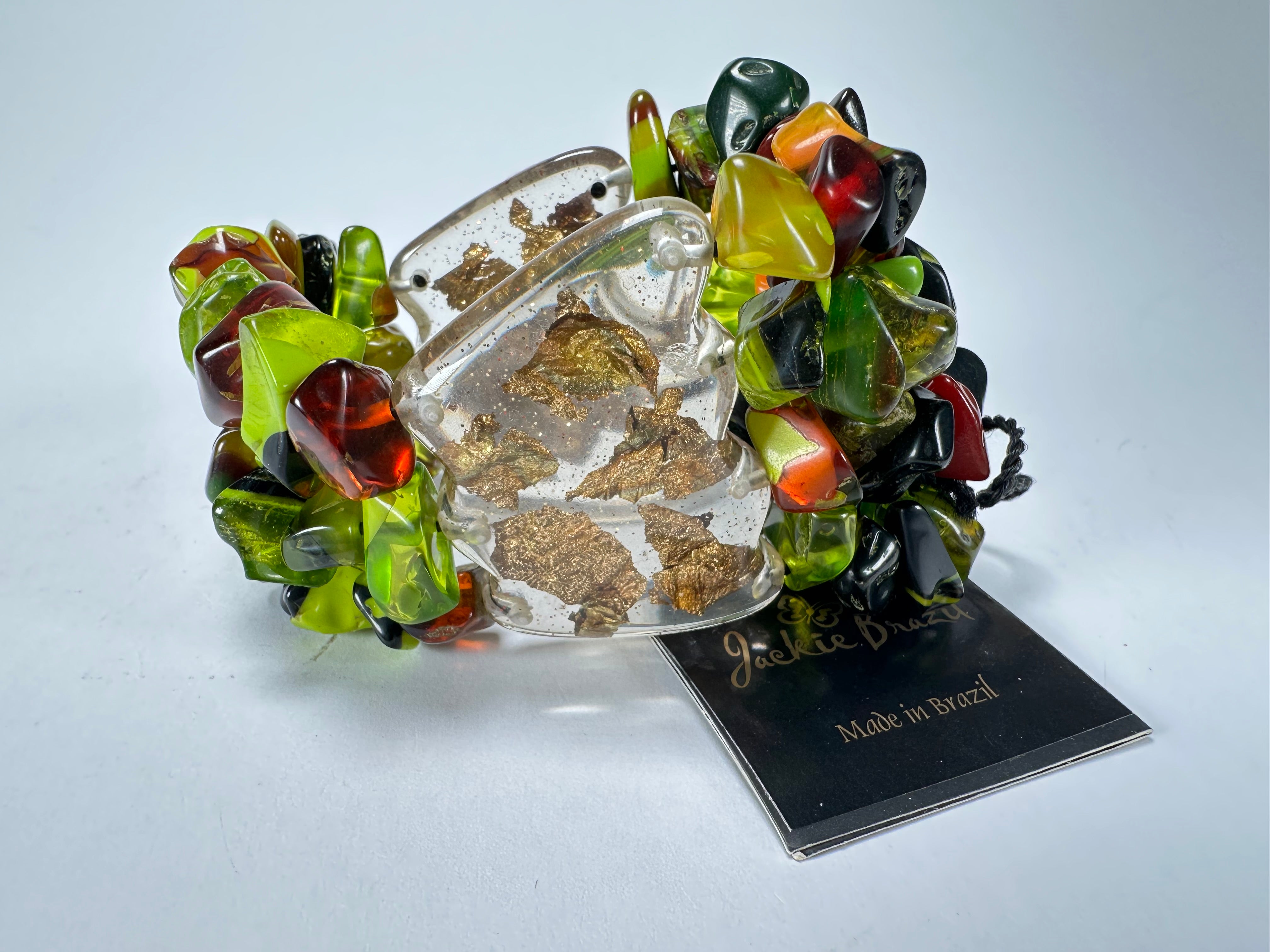 Jackie Brazil "Orient Express" 3 & 4 Beaded Strands with Leaf Pendant Green Mix Resin Bracelet ( B3544 )