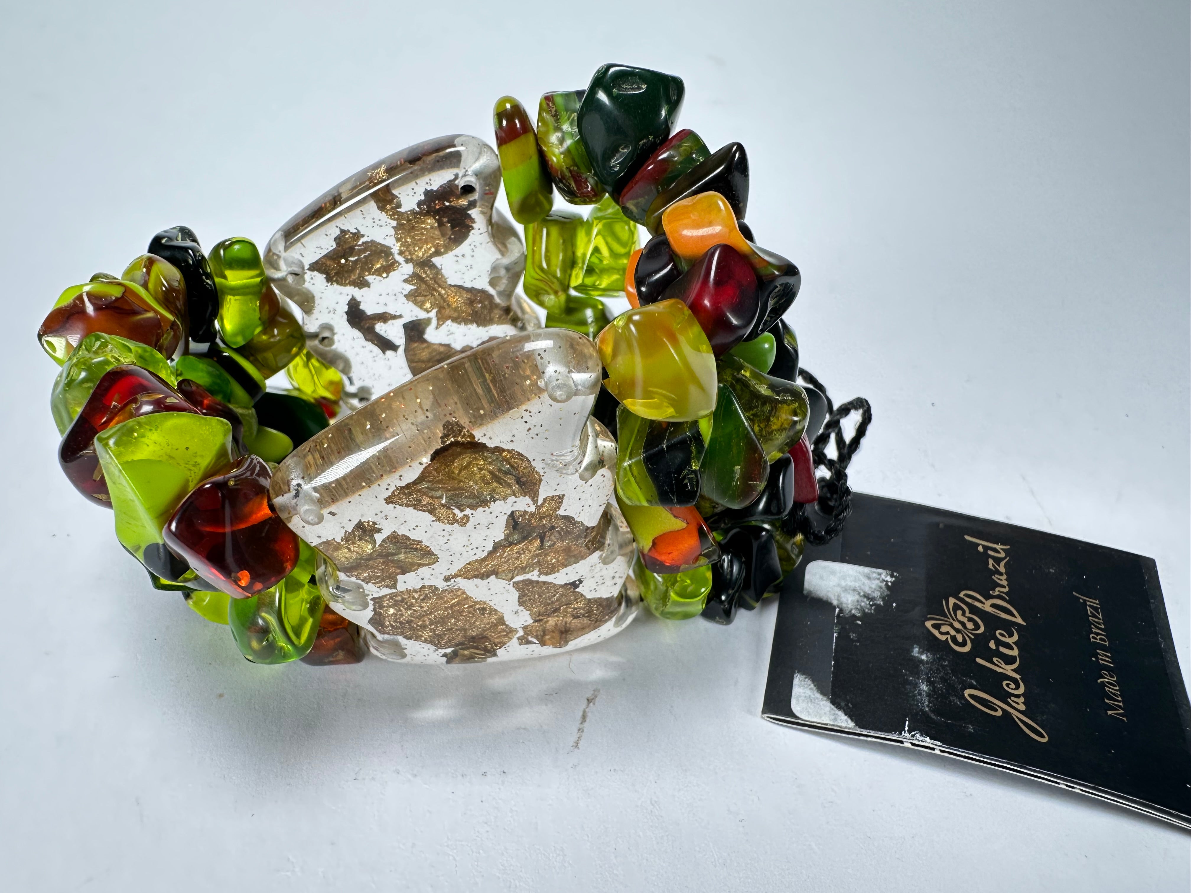 Jackie Brazil "Orient Express" 3 & 4 Beaded Strands with Leaf Pendant Green Mix Resin Bracelet ( B3544 )