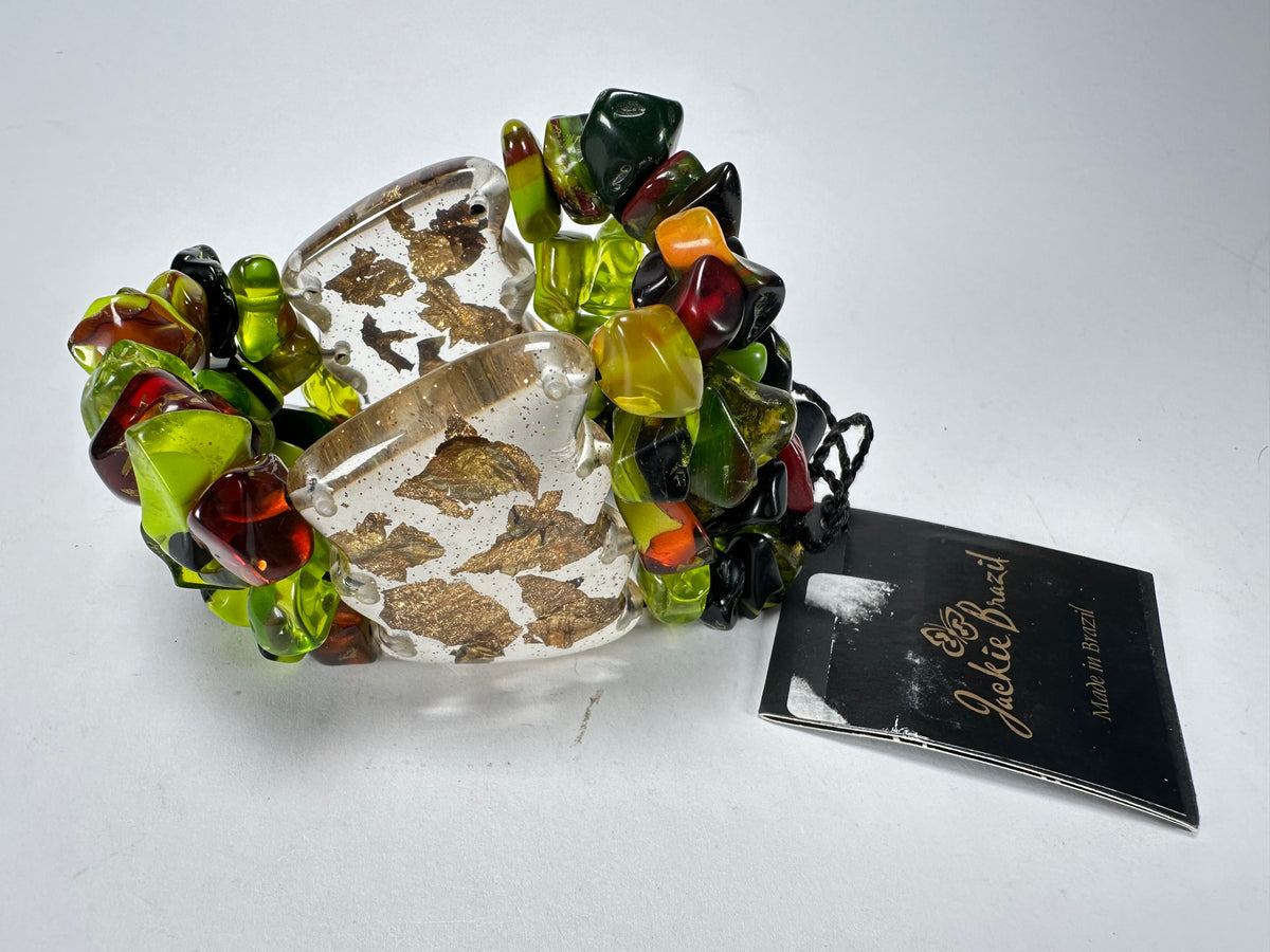 Jackie Brazil "Orient Express" 3 & 4 Beaded Strands with Leaf Pendant Green Mix Resin Bracelet ( B3544 )