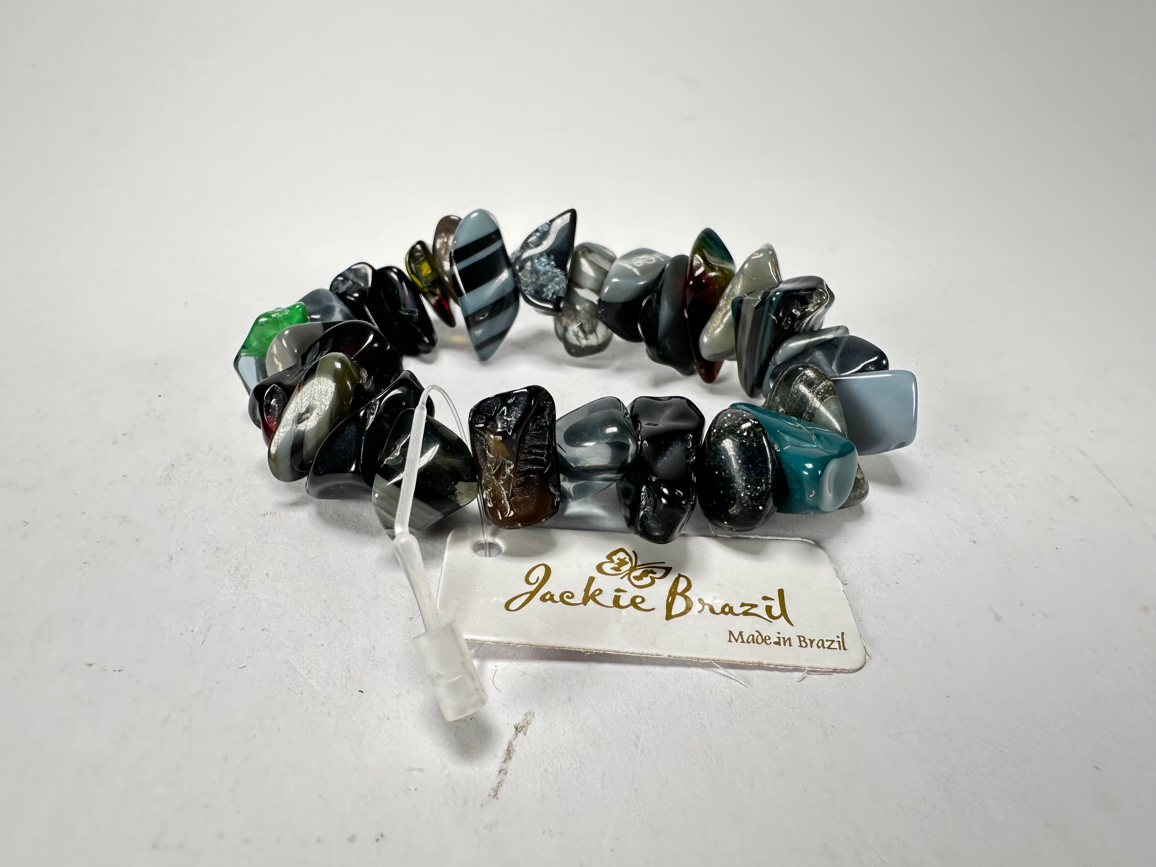 Jackie Brazil "Orient Express" 1 Strand Small Grey Mix Beads on Elastic Resin Bracelet ( B3547 )