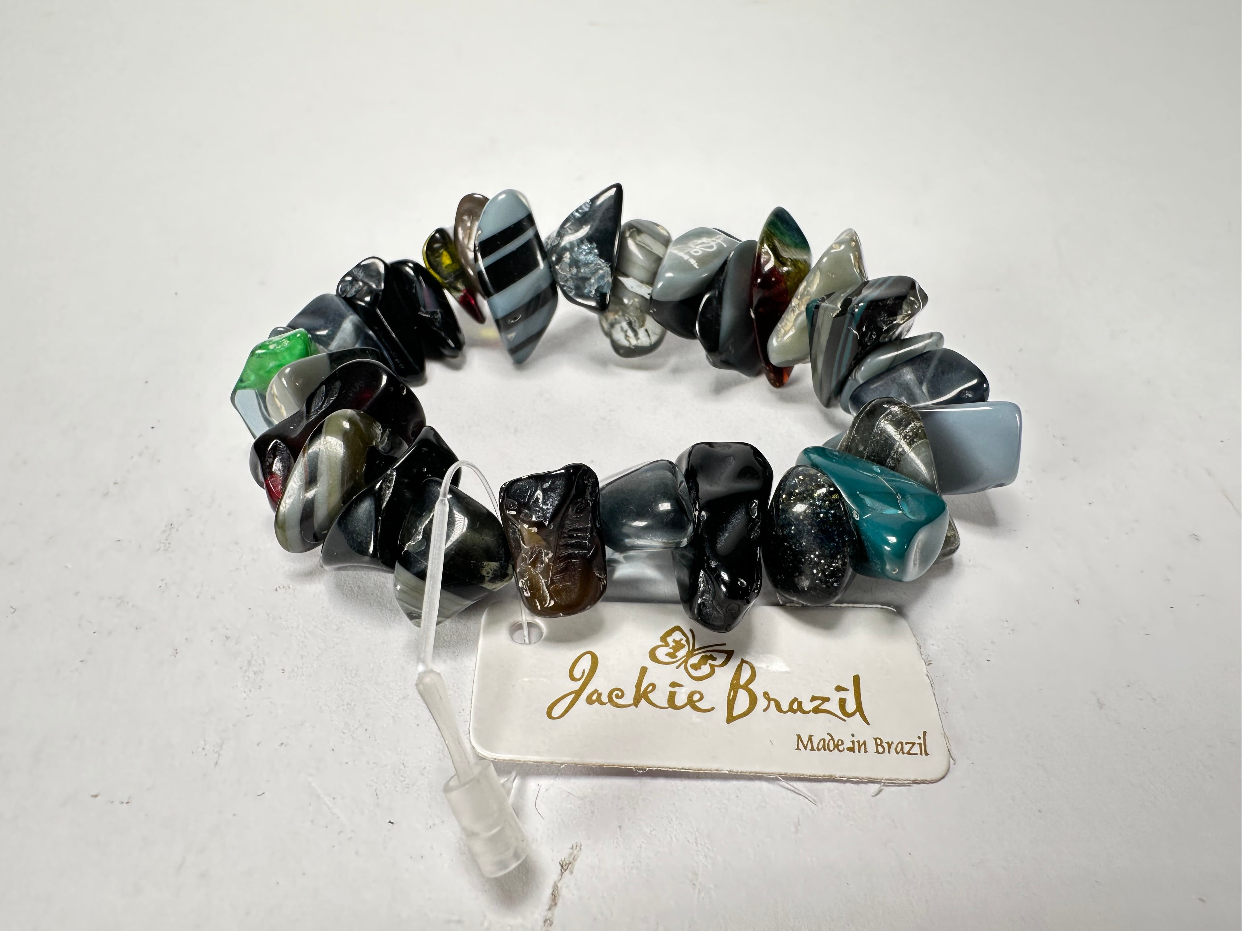 Jackie Brazil "Orient Express" 1 Strand Small Grey Mix Beads on Elastic Resin Bracelet ( B3547 )