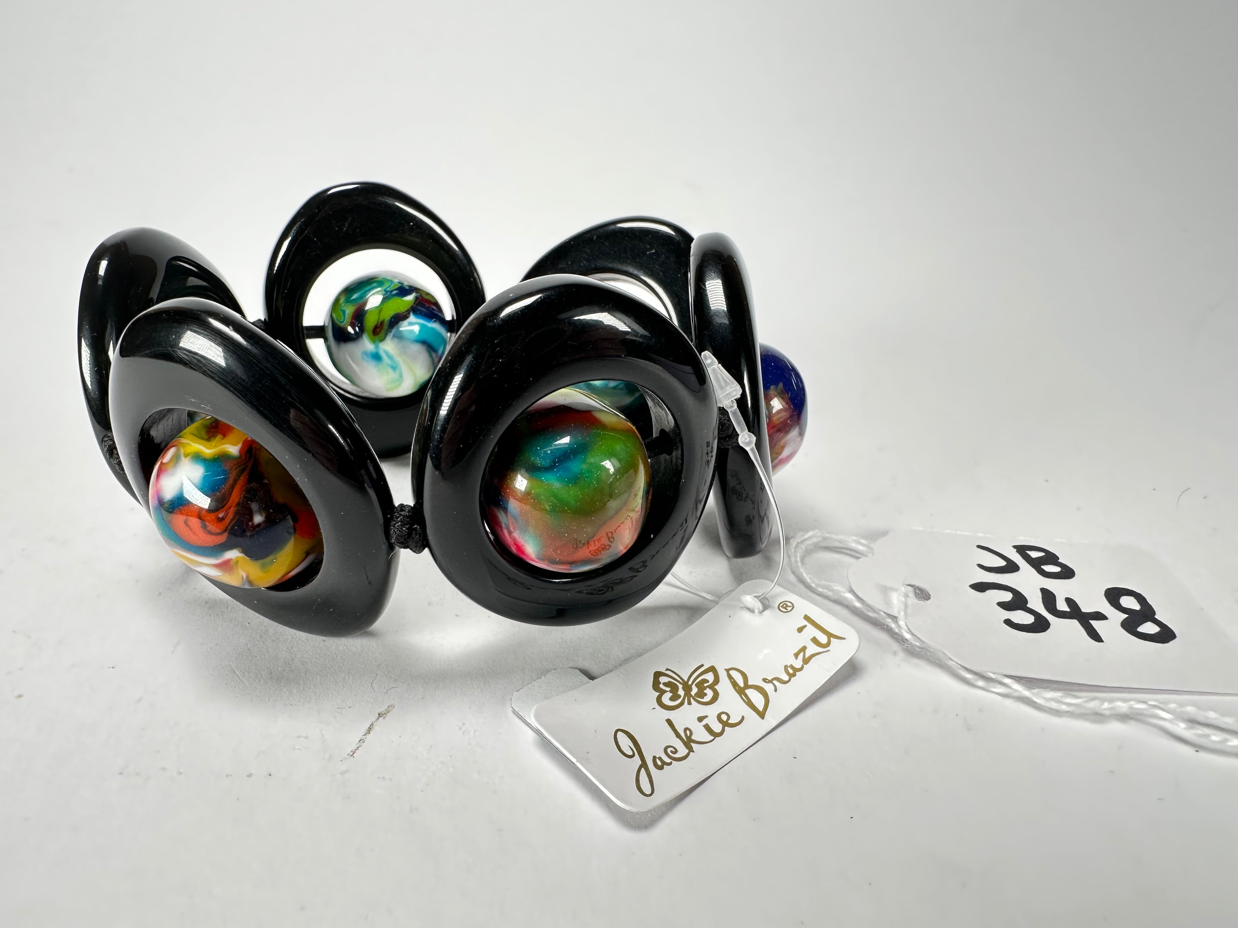 Jackie Brazil "Saturn" Black & Kandinsky Disc & Ball Elastic Bracelet ( B0052 )