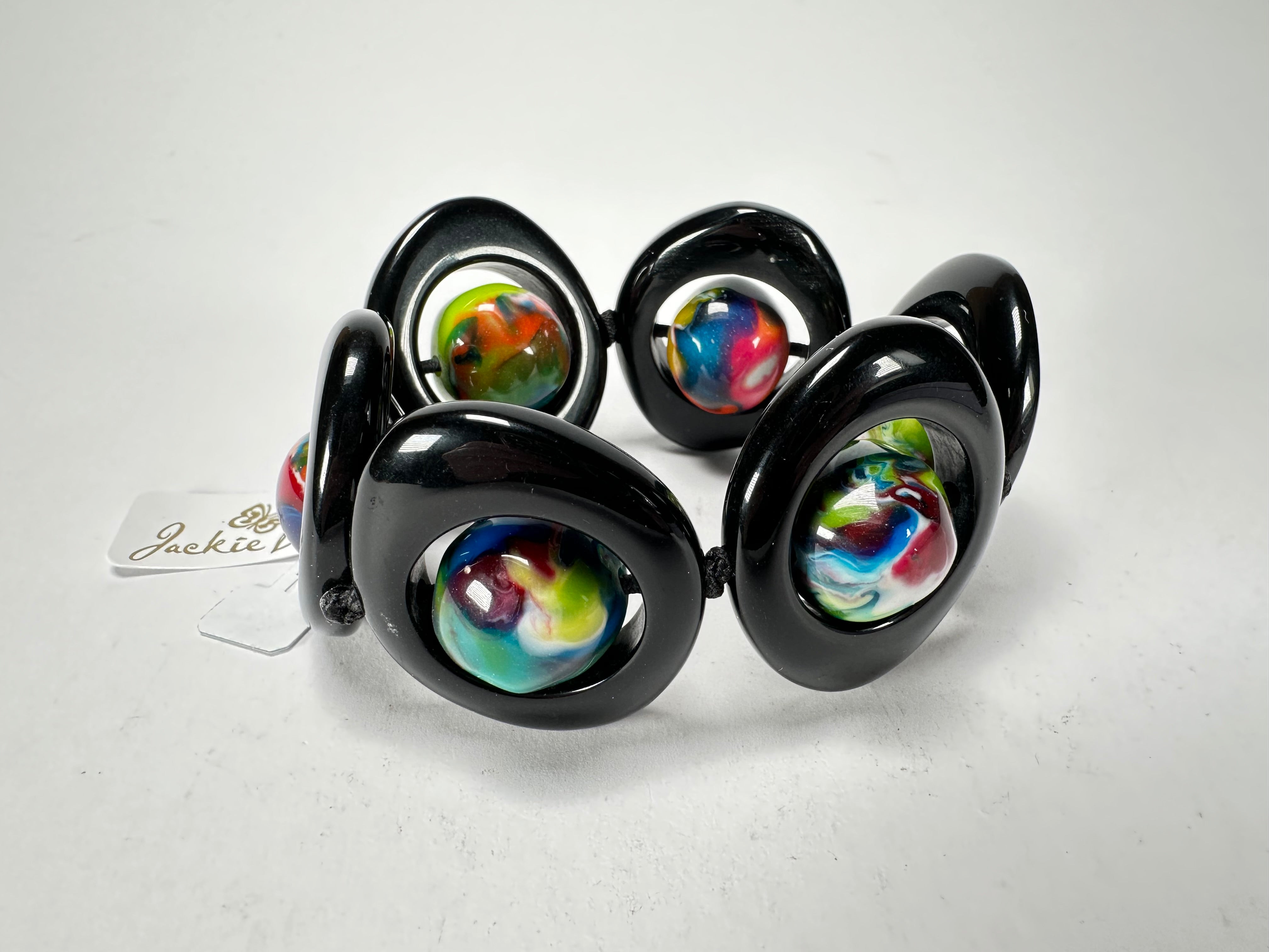 Jackie Brazil "Saturn" Black & Kandinsky Disc & Ball Elastic Bracelet ( B0052 )