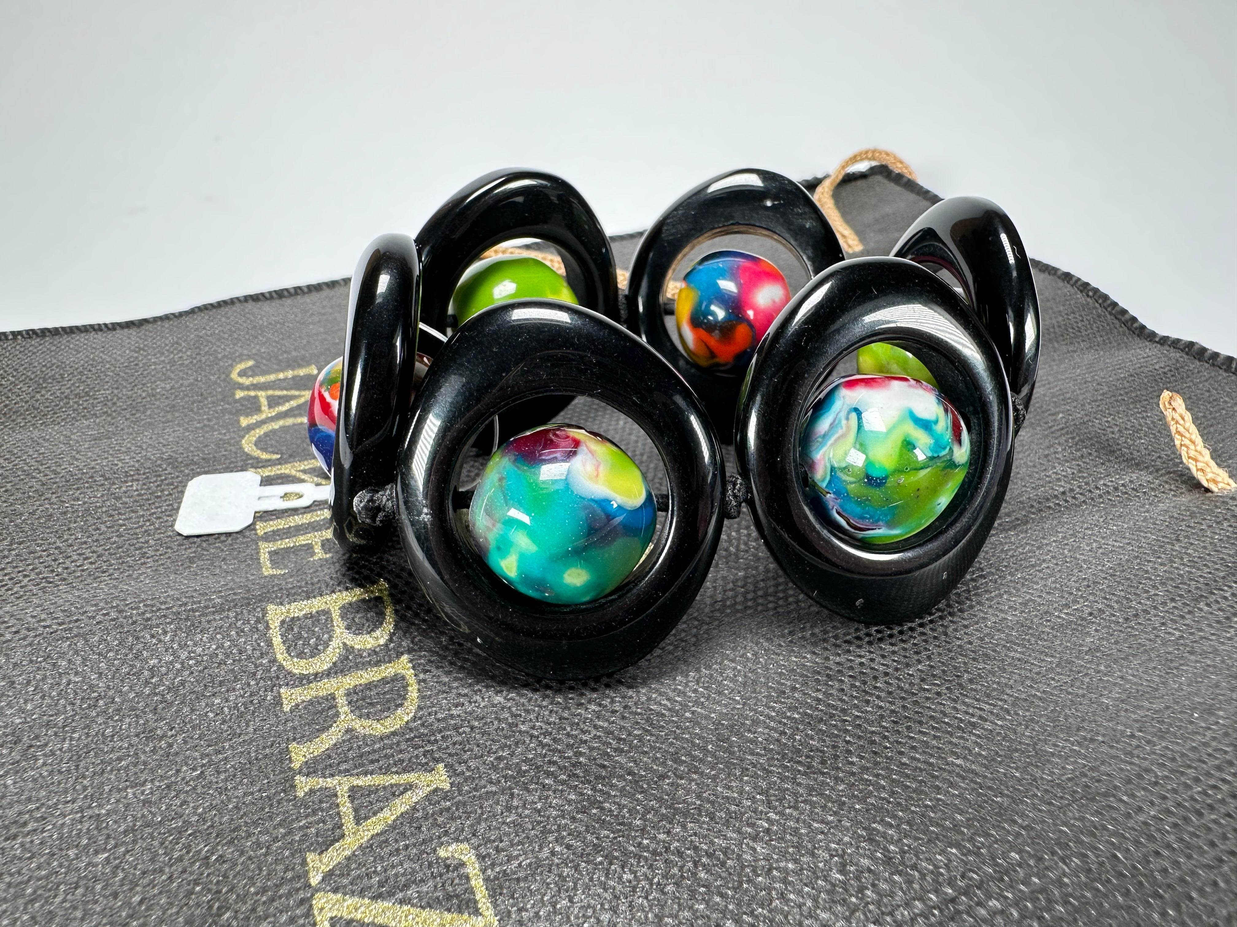 Jackie Brazil "Saturn" Black & Kandinsky Disc & Ball Elastic Bracelet ( B0052 )