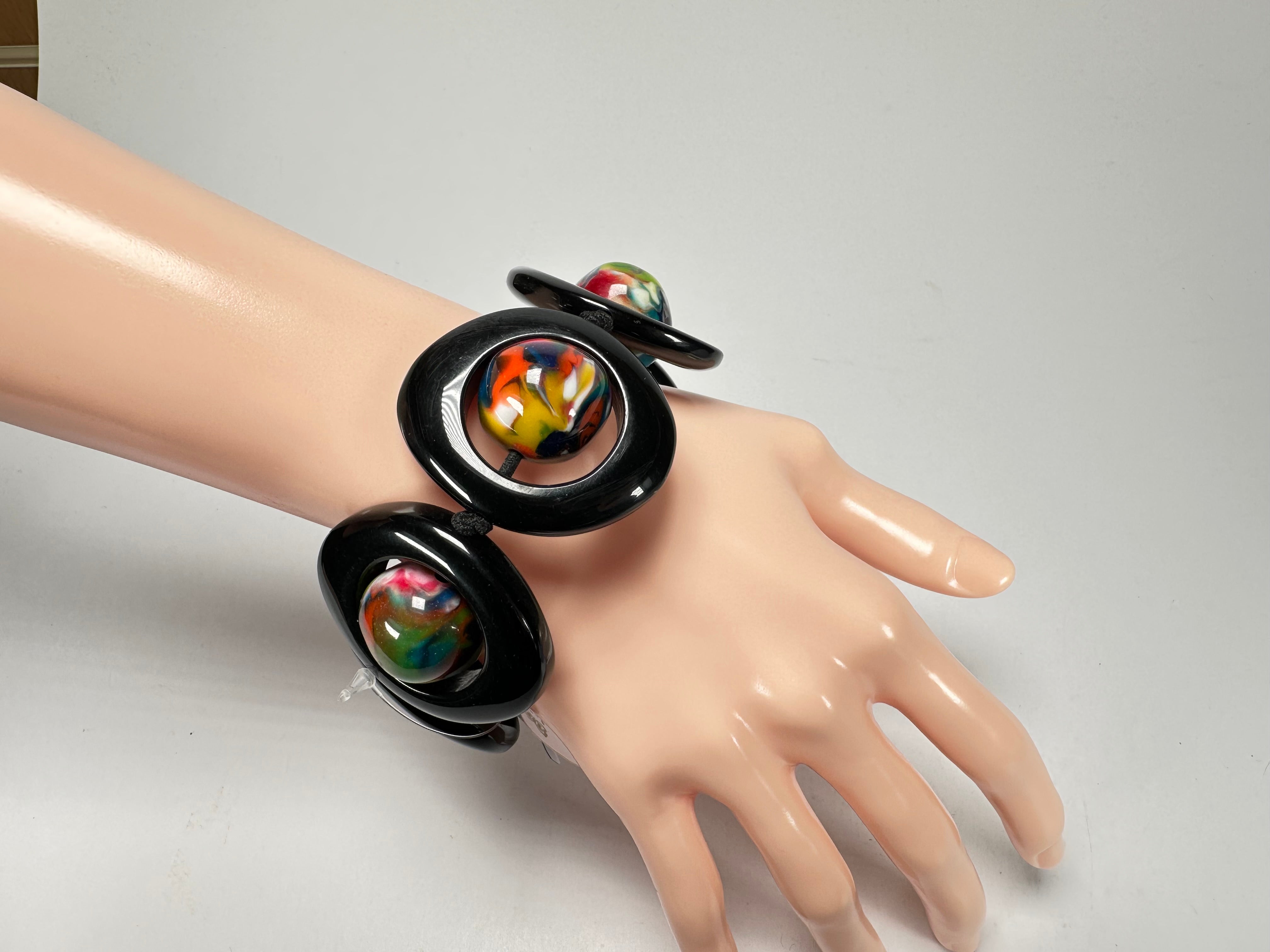 Jackie Brazil "Saturn" Black & Kandinsky Disc & Ball Elastic Bracelet ( B0052 )