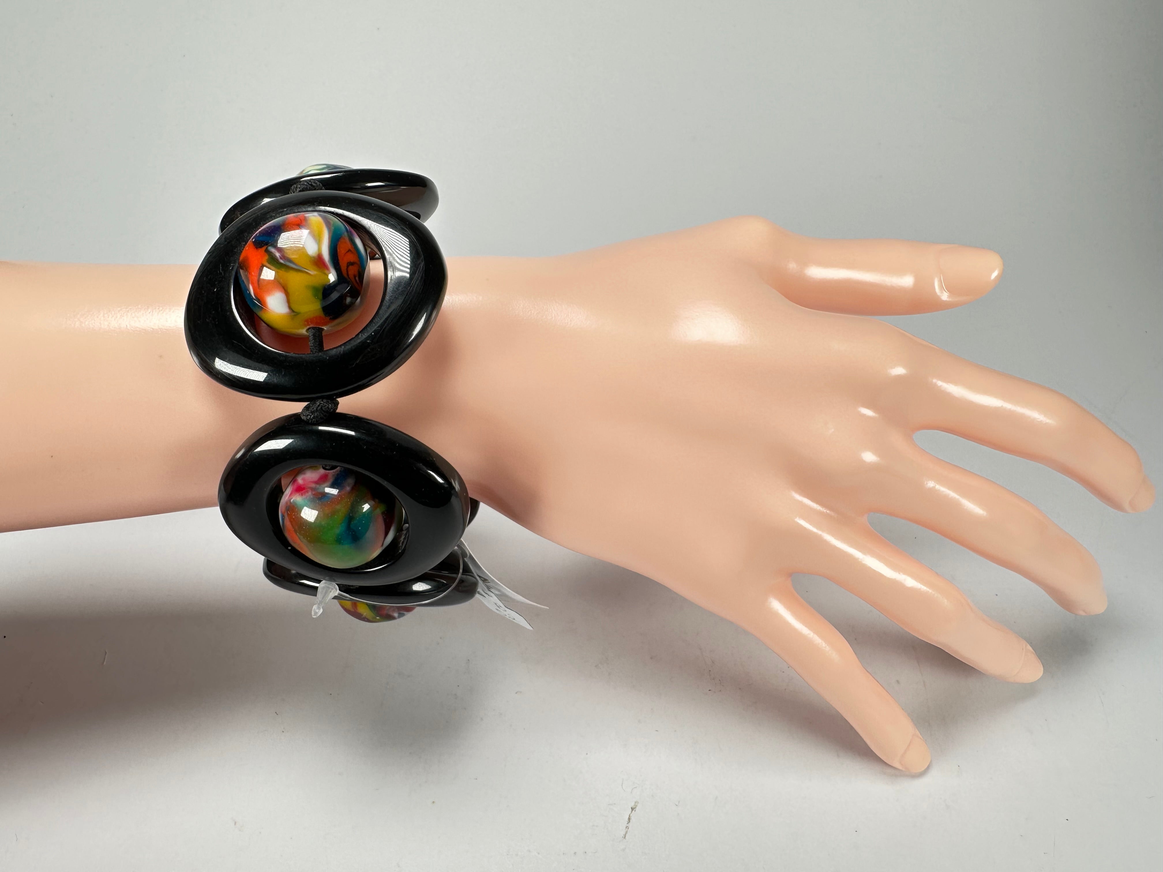 Jackie Brazil "Saturn" Black & Kandinsky Disc & Ball Elastic Bracelet ( B0052 )