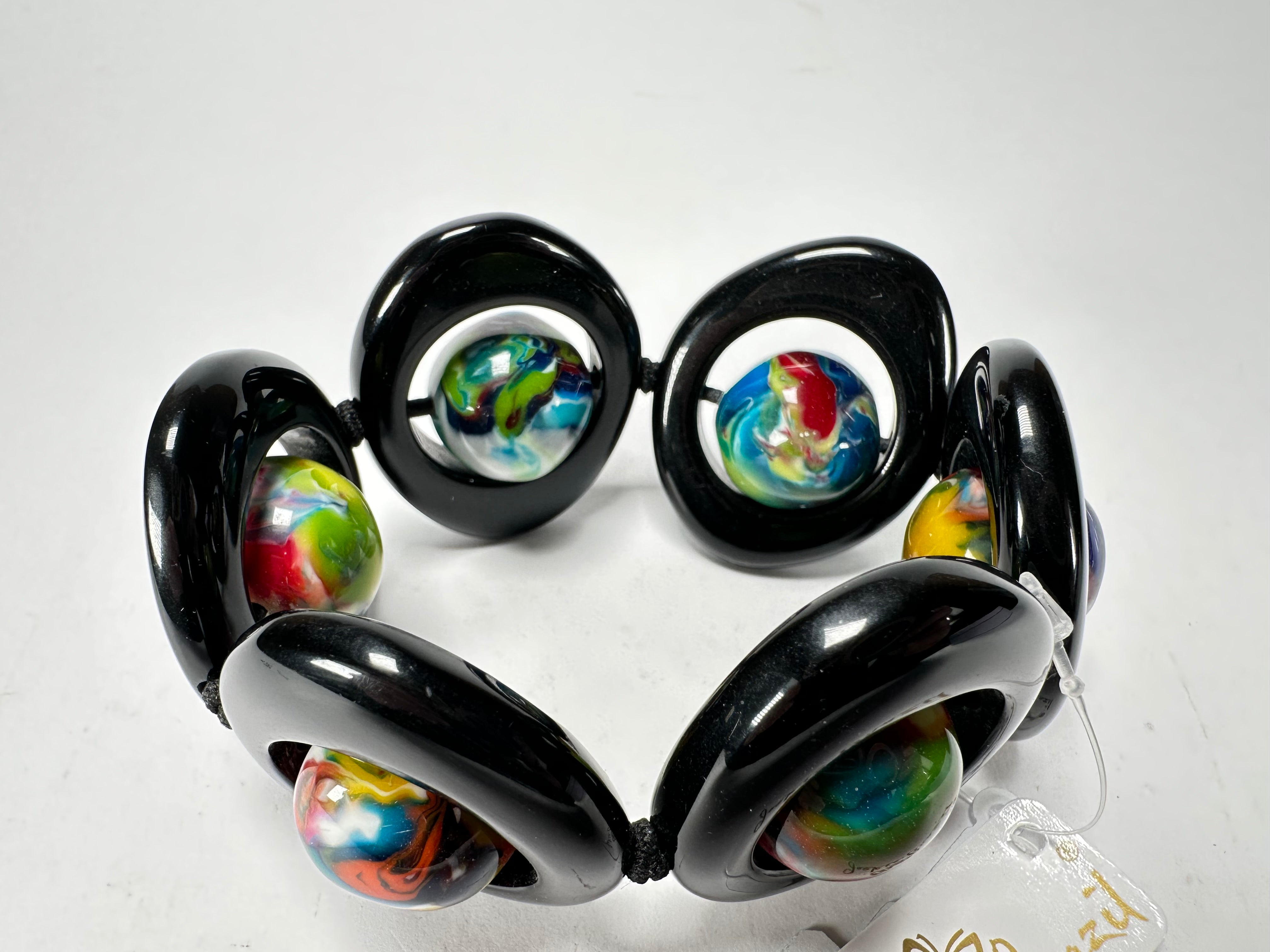 Jackie Brazil "Saturn" Black & Kandinsky Disc & Ball Elastic Bracelet ( B0052 )