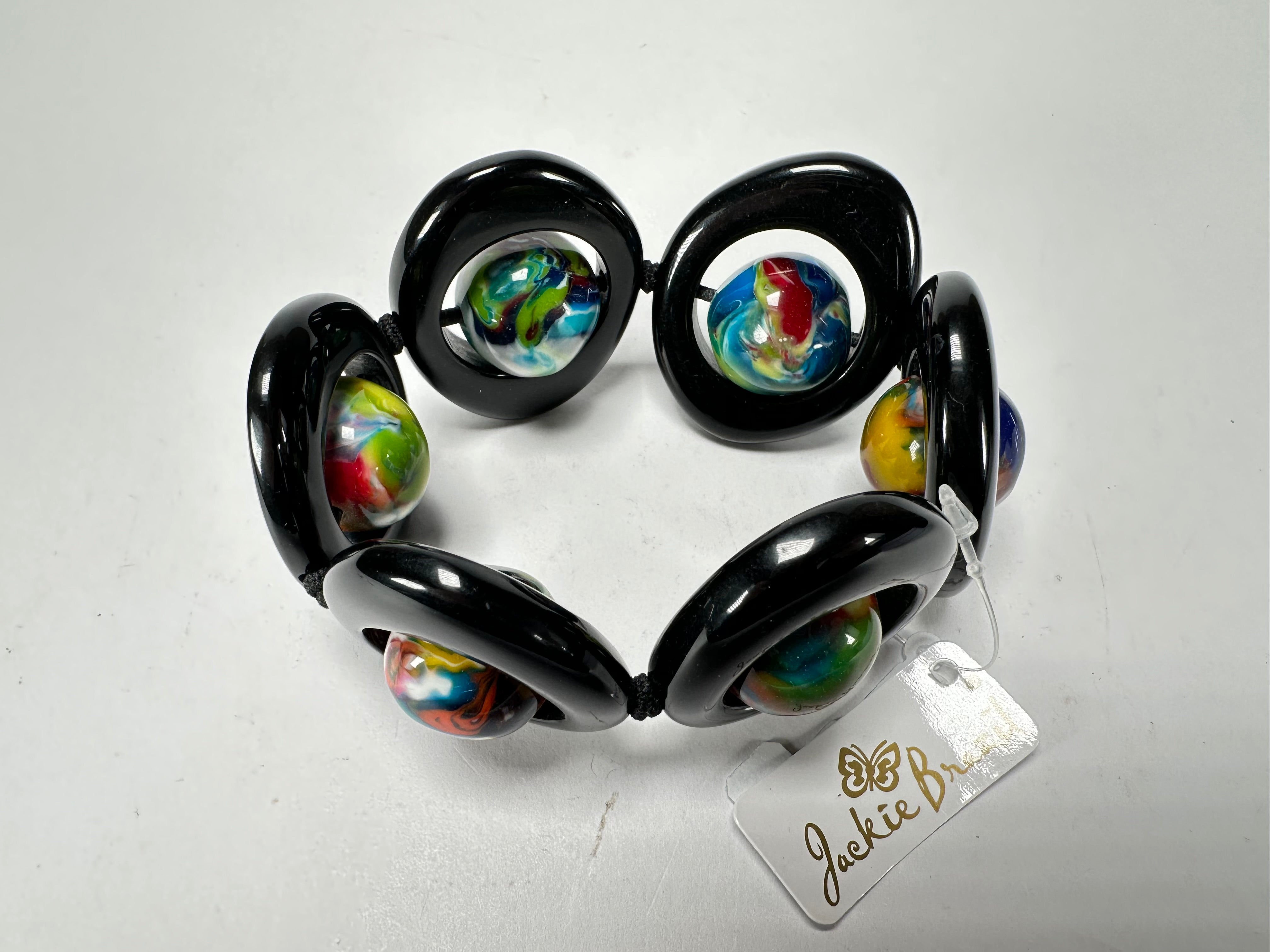 Jackie Brazil "Saturn" Black & Kandinsky Disc & Ball Elastic Bracelet ( B0052 )