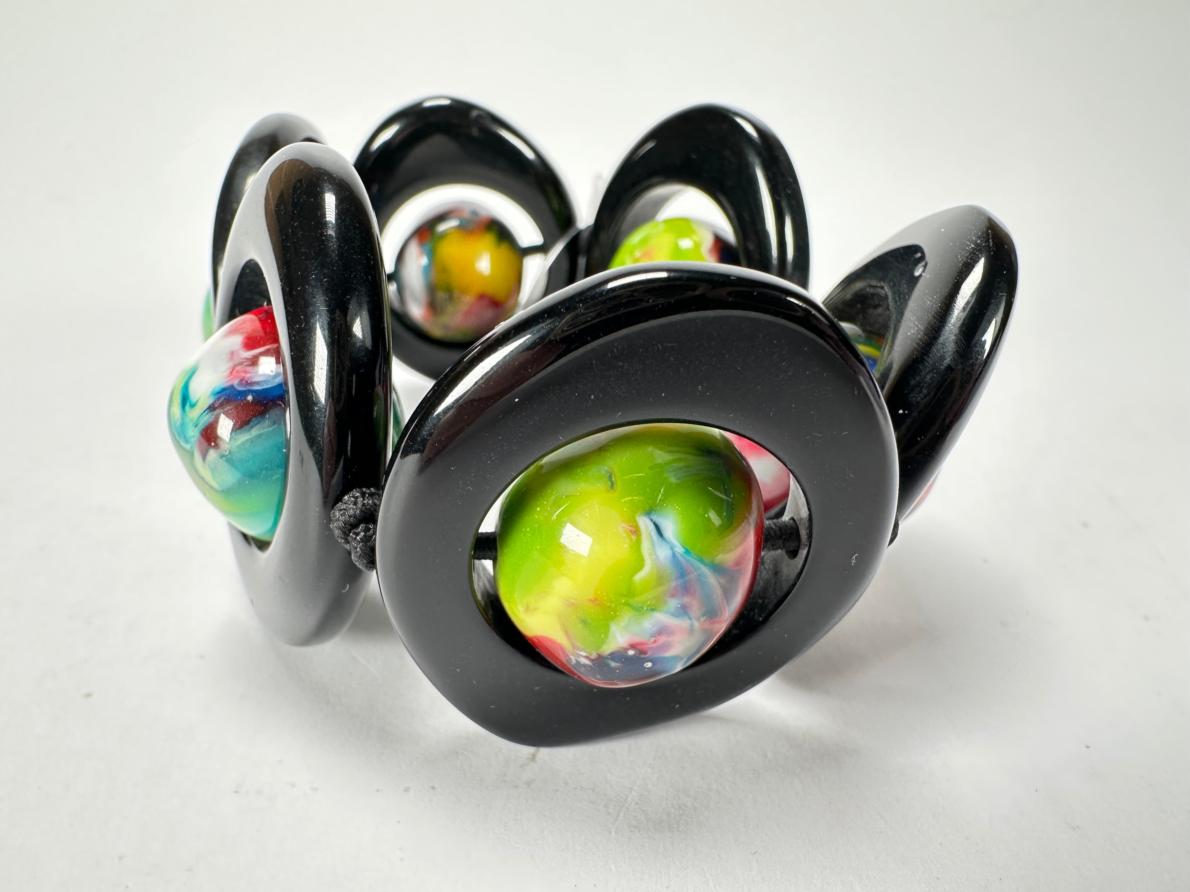 Jackie Brazil "Saturn" Black & Kandinsky Disc & Ball Elastic Bracelet ( B0052 )