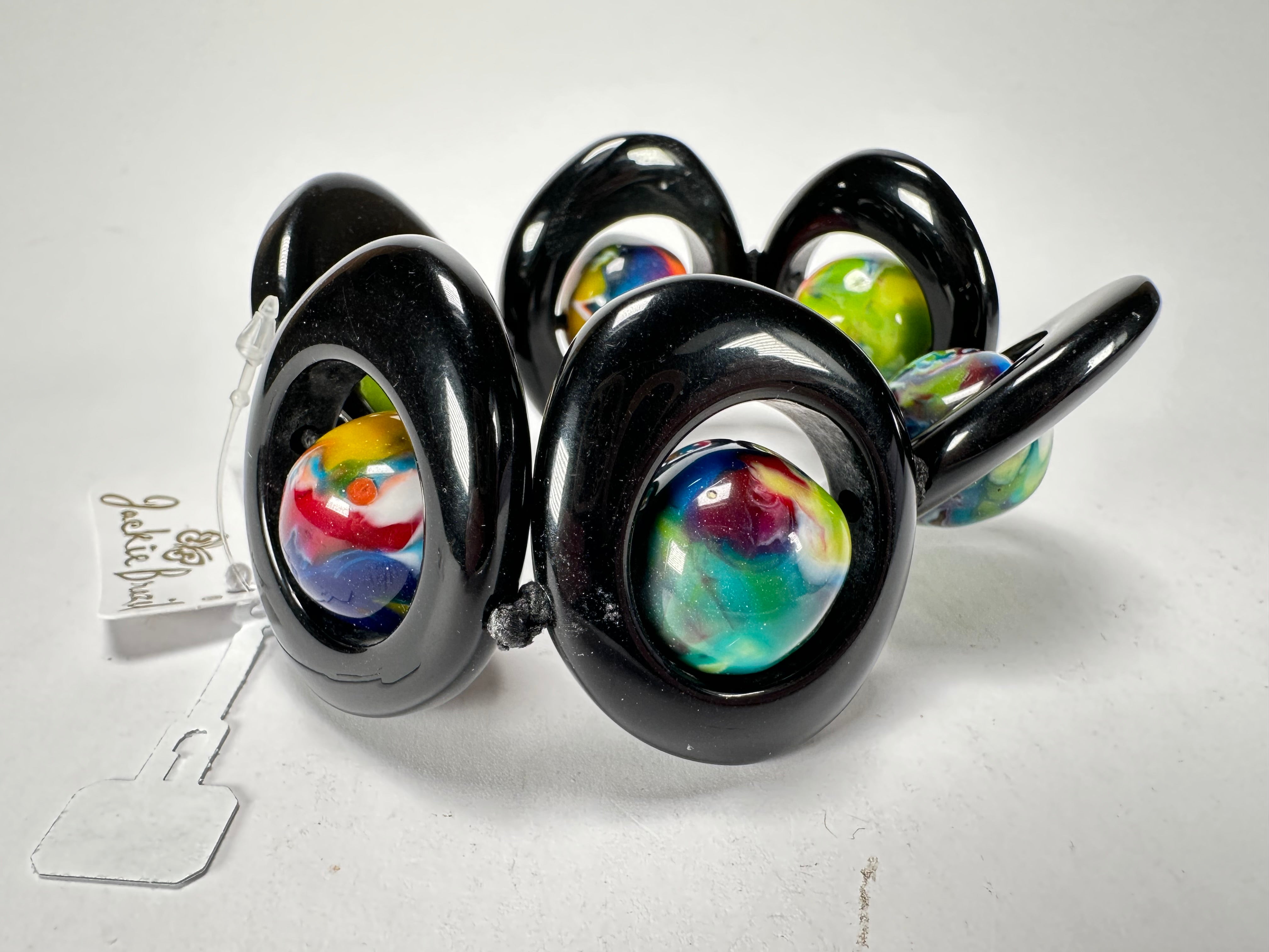 Jackie Brazil "Saturn" Black & Kandinsky Disc & Ball Elastic Bracelet ( B0052 )