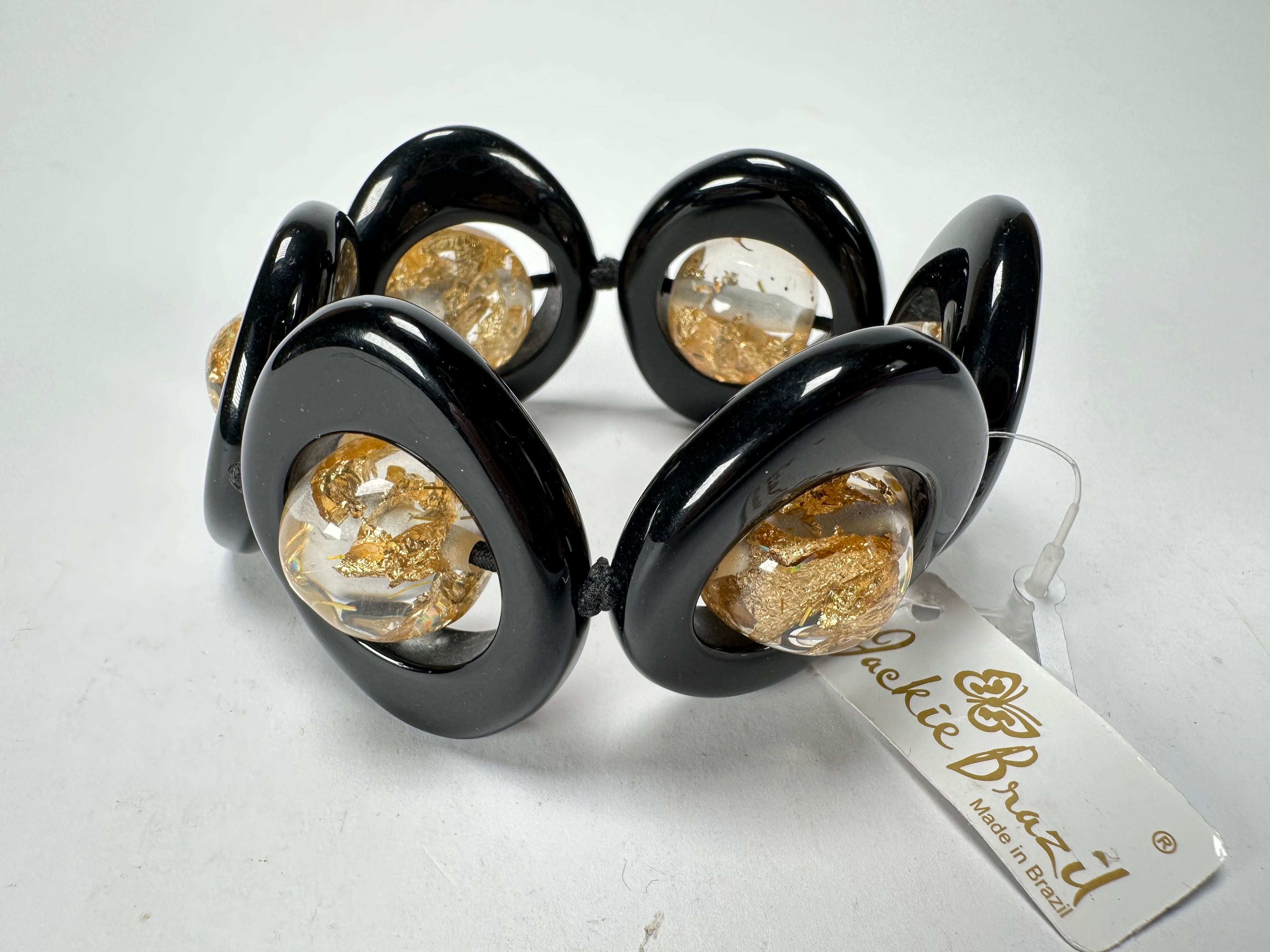 Jackie Brazil "Saturn" Black & Gold Flakes Disc & Ball Elastic Bracelet ( B0052 )