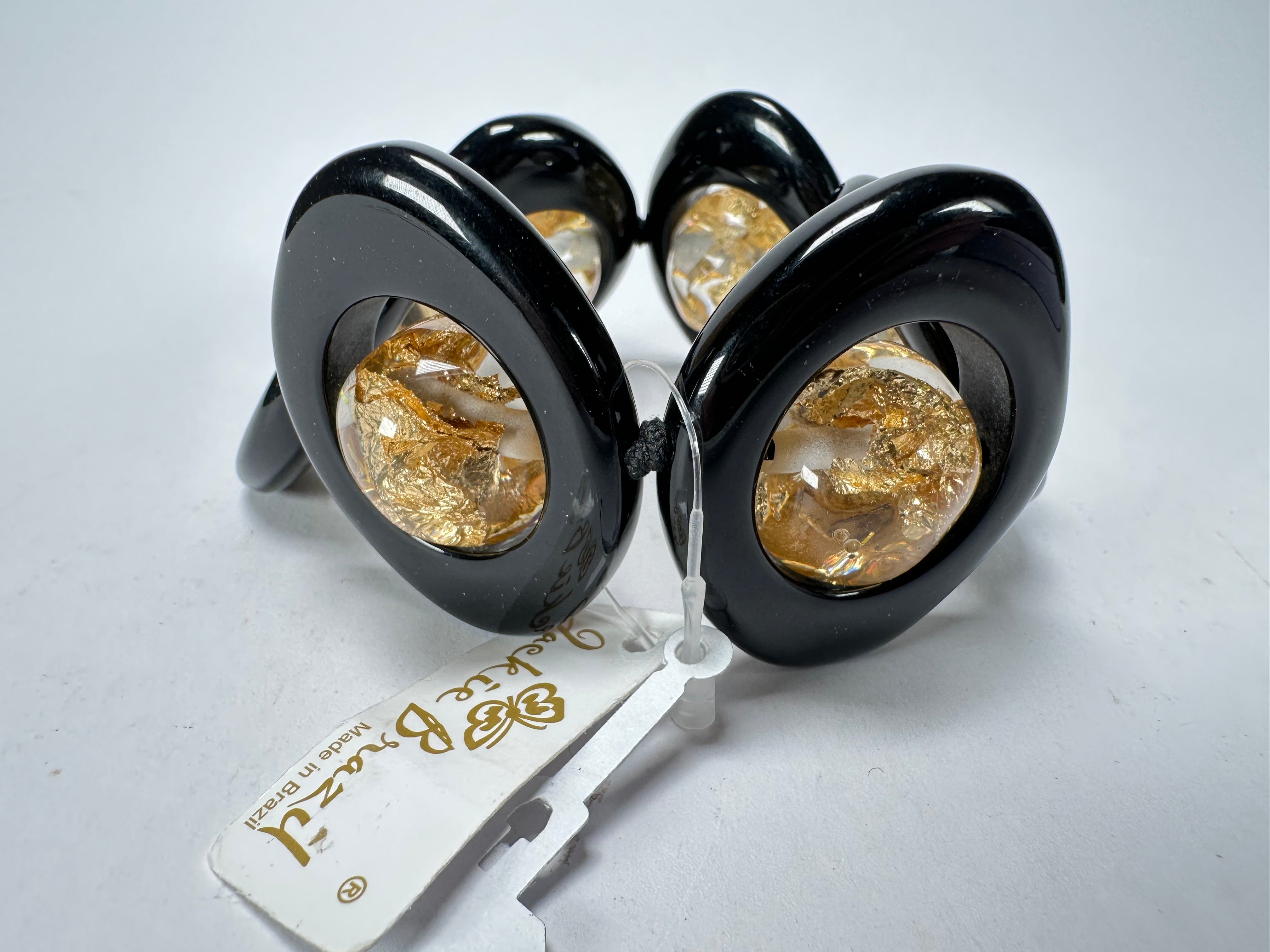 Jackie Brazil "Saturn" Black & Gold Flakes Disc & Ball Elastic Bracelet ( B0052 )