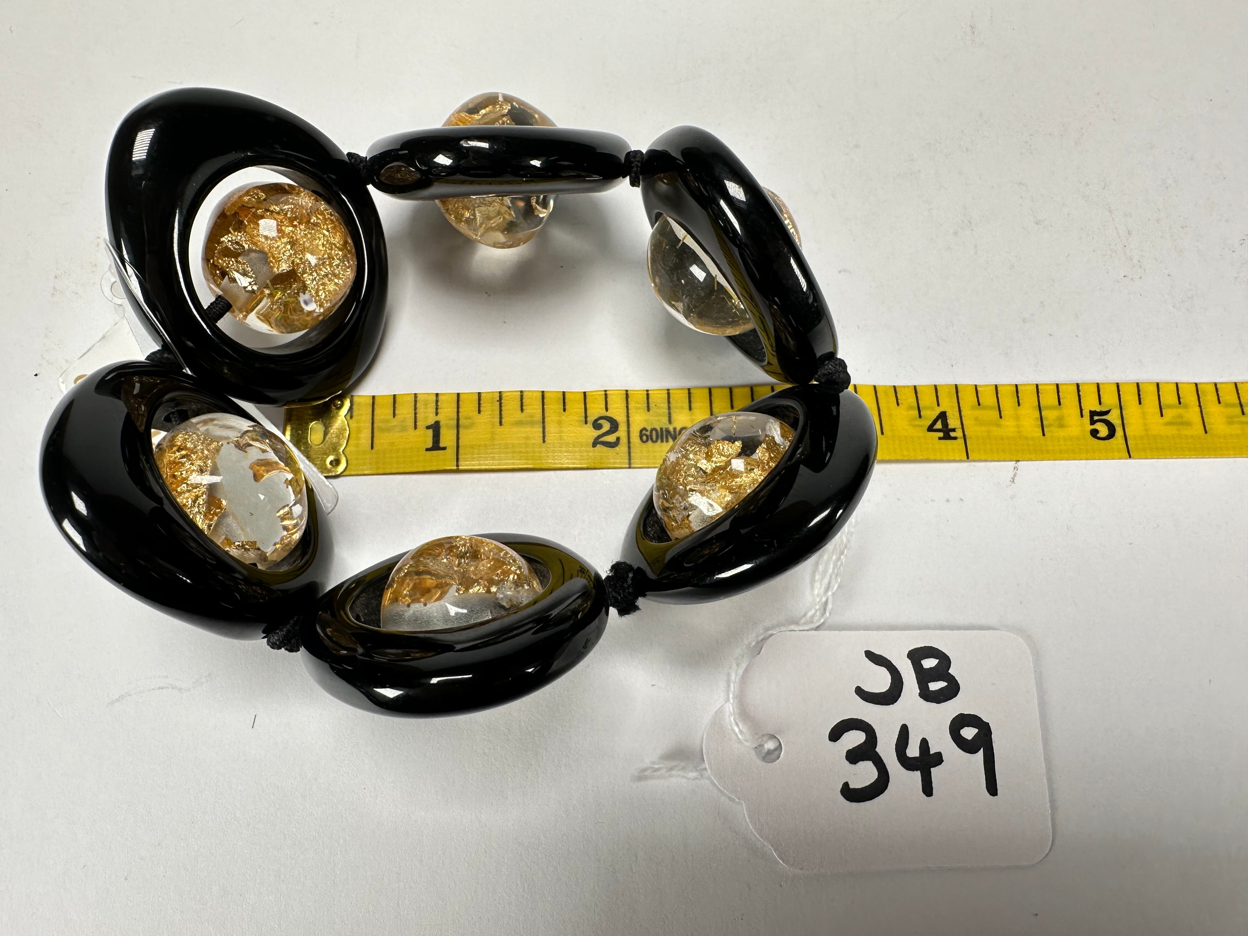 Jackie Brazil "Saturn" Black & Gold Flakes Disc & Ball Elastic Bracelet ( B0052 )