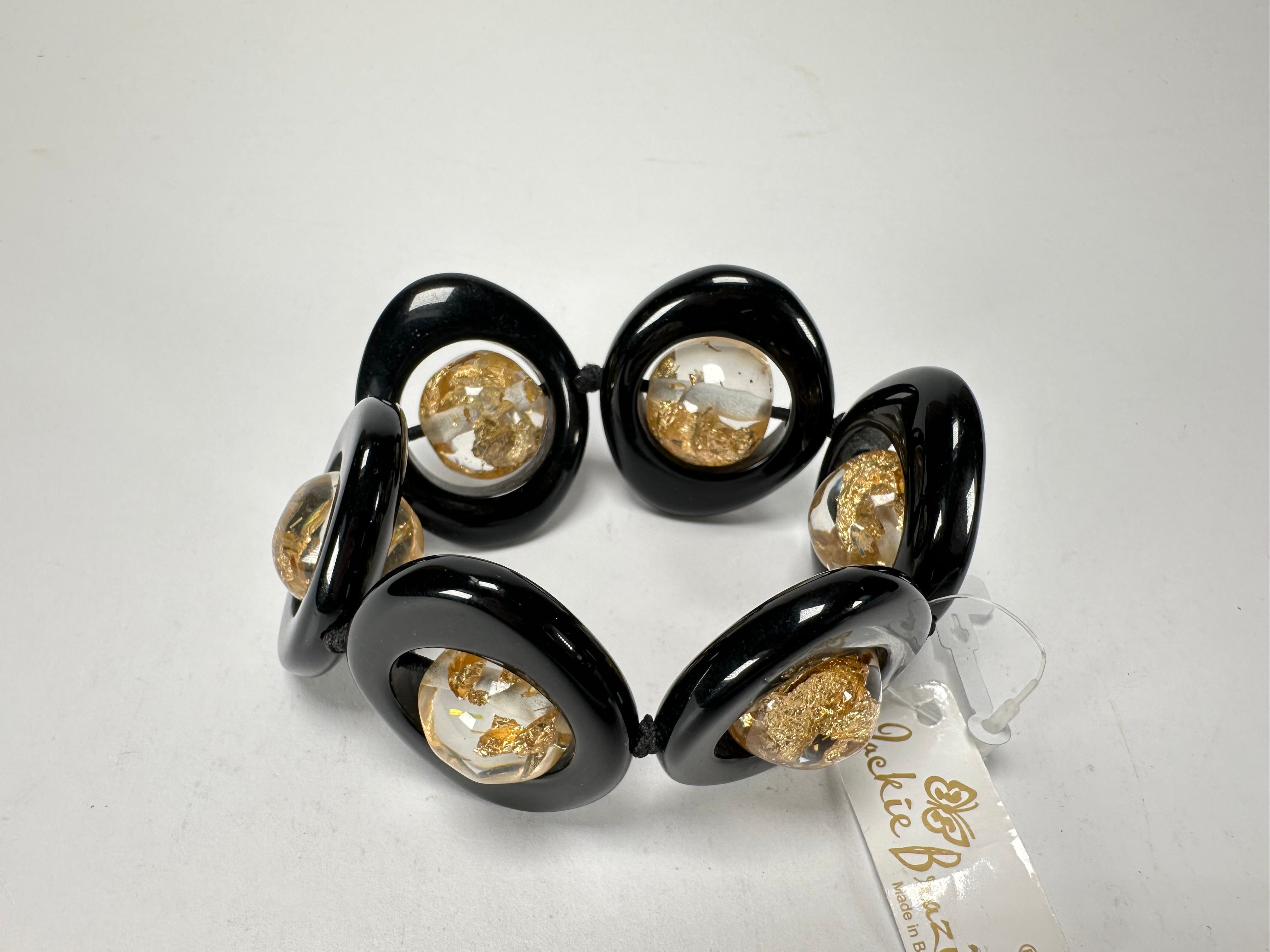 Jackie Brazil "Saturn" Black & Gold Flakes Disc & Ball Elastic Bracelet ( B0052 )