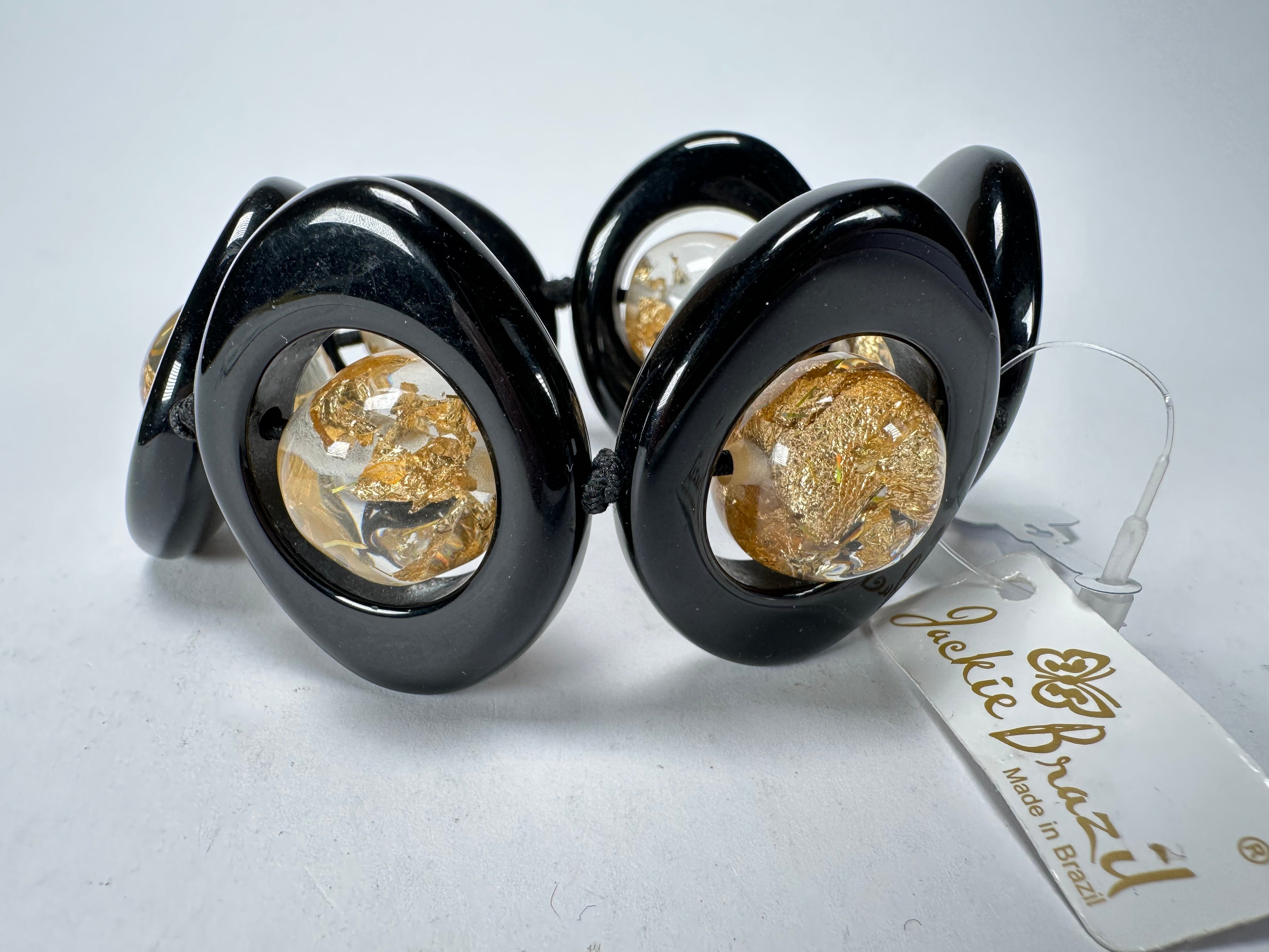 Jackie Brazil "Saturn" Black & Gold Flakes Disc & Ball Elastic Bracelet ( B0052 )