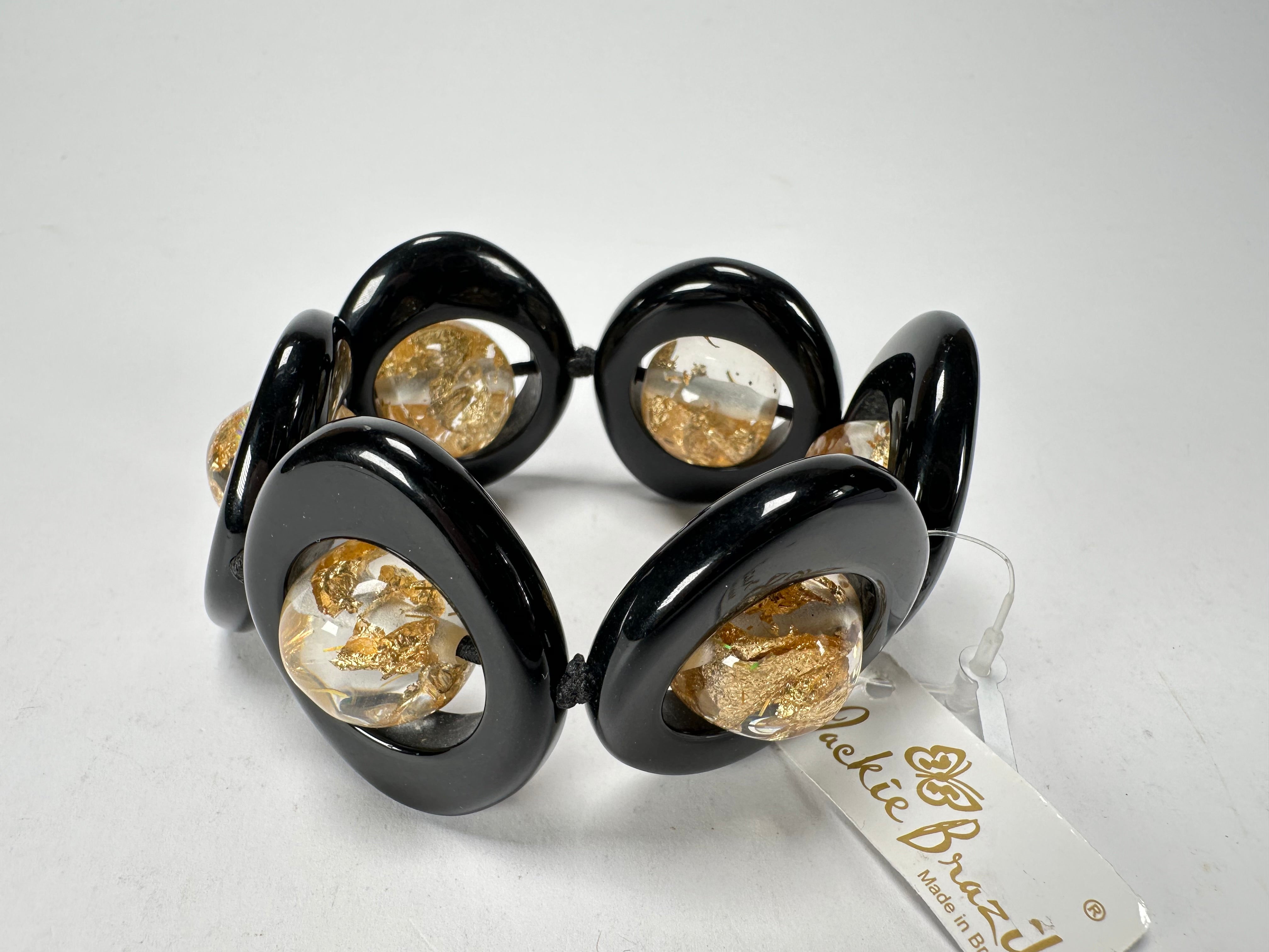 Jackie Brazil "Saturn" Black & Gold Flakes Disc & Ball Elastic Bracelet ( B0052 )