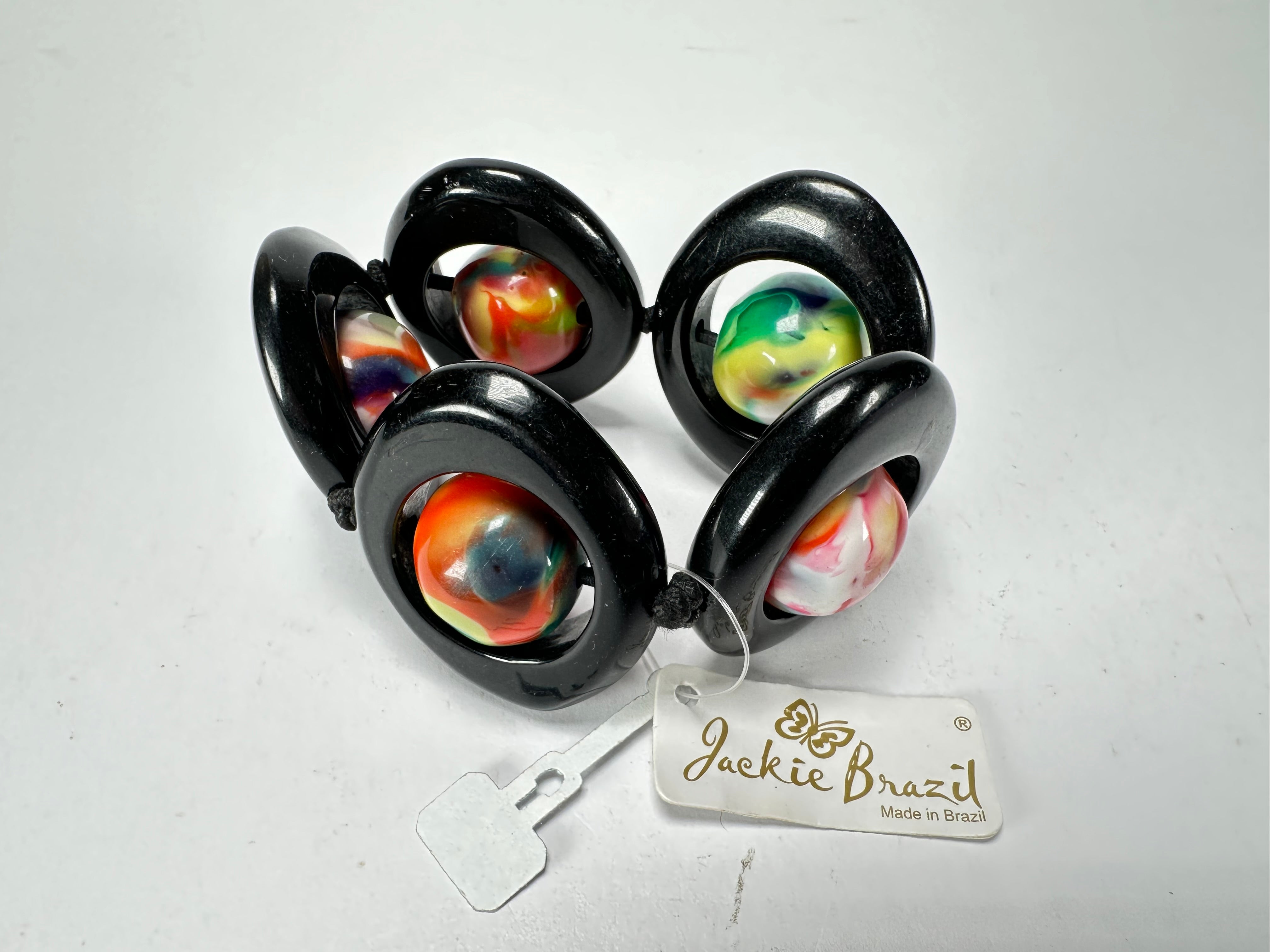 Jackie Brazil "Saturn" Black & Kandinsky Disc & Ball Elastic Bracelet ( B0052 )