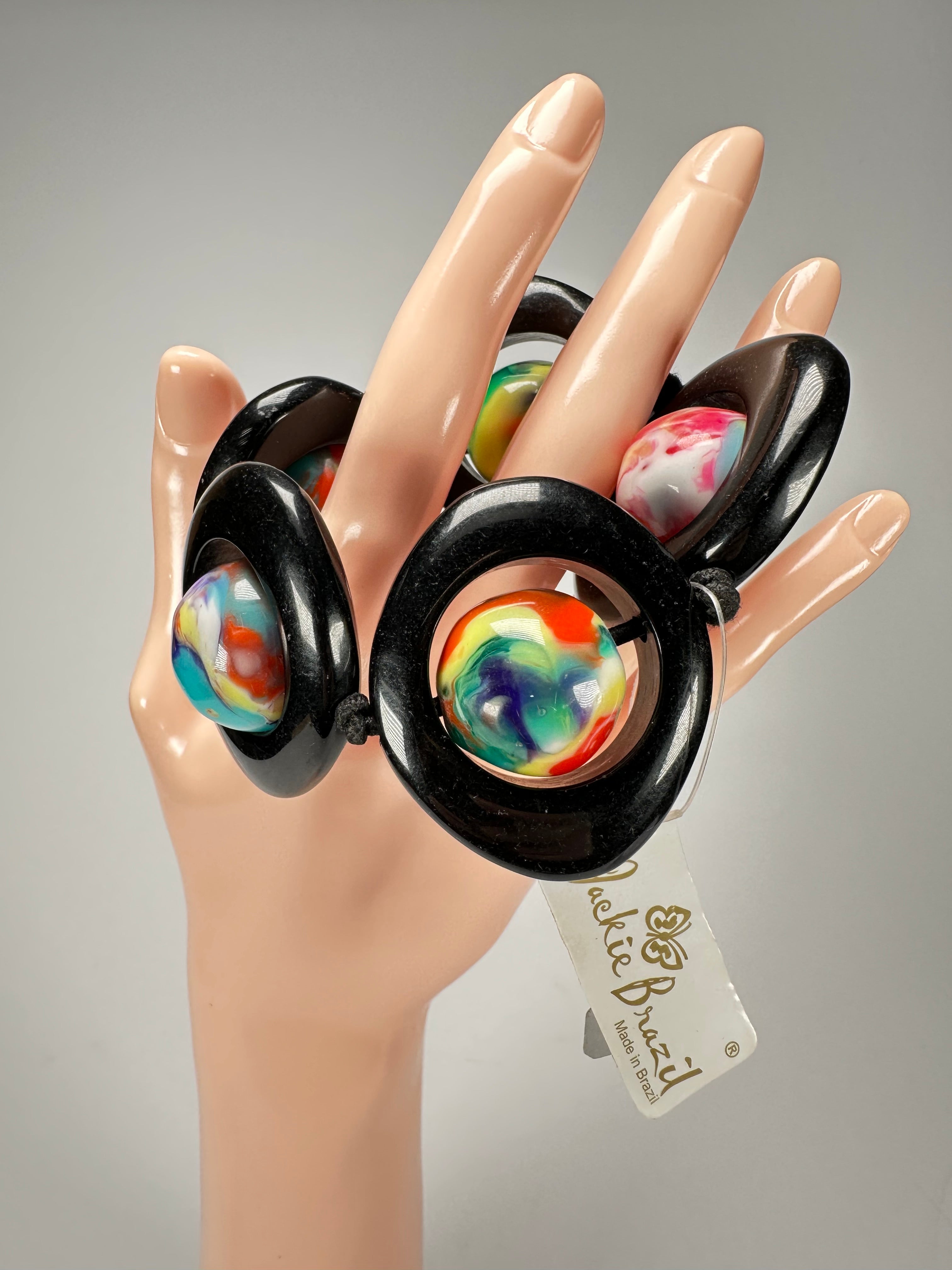 Jackie Brazil "Saturn" Black & Kandinsky Disc & Ball Elastic Bracelet ( B0052 )