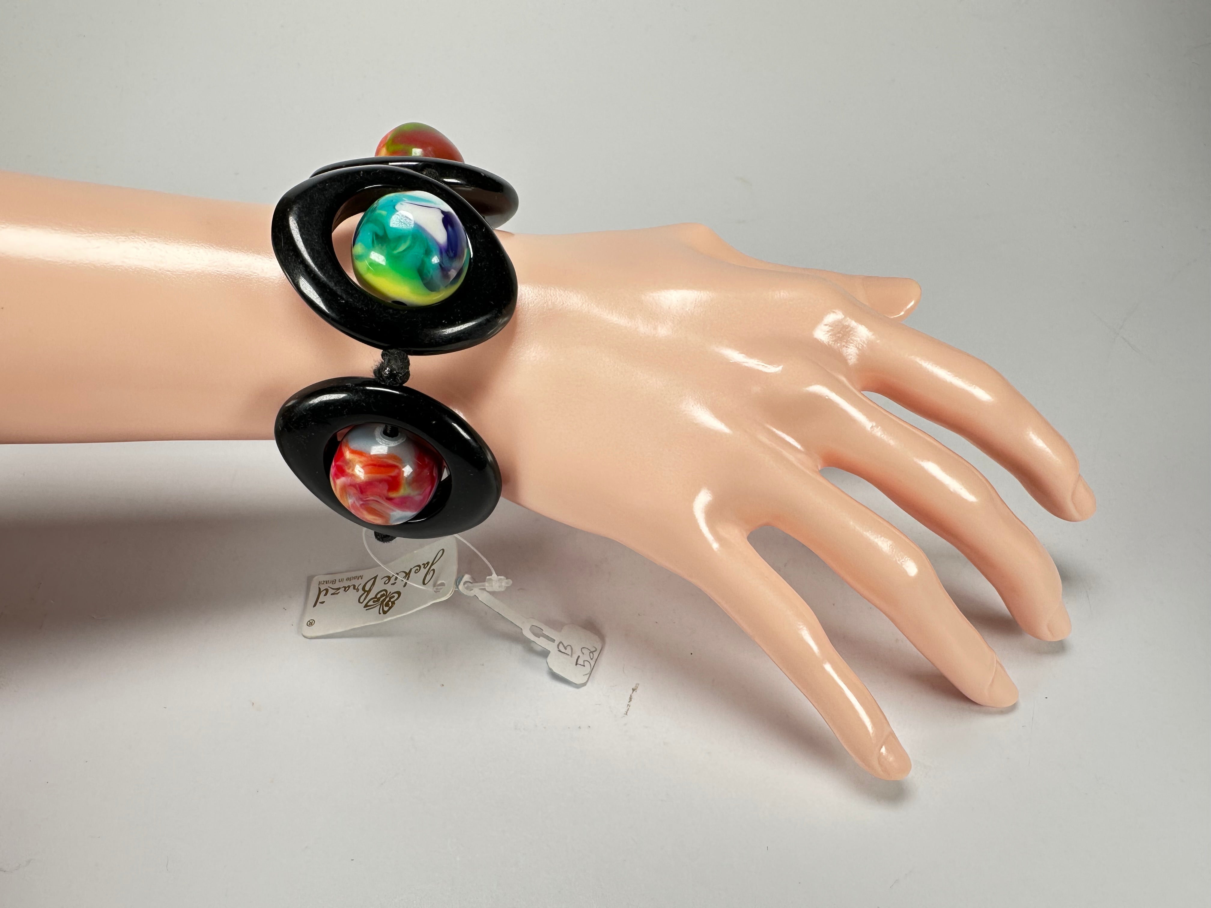 Jackie Brazil "Saturn" Black & Kandinsky Disc & Ball Elastic Bracelet ( B0052 )