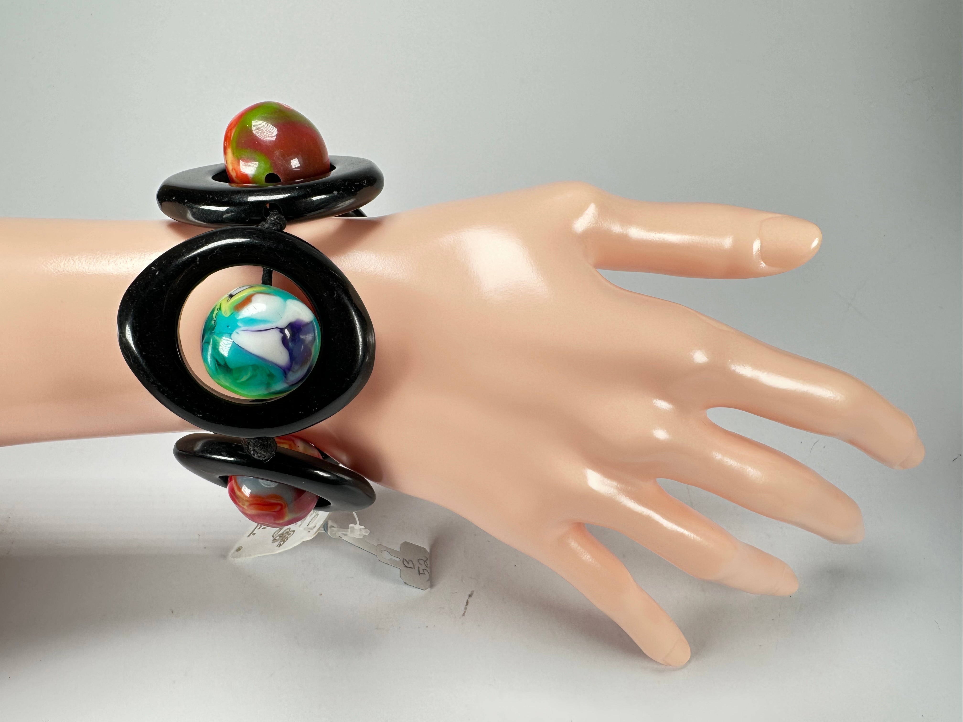 Jackie Brazil "Saturn" Black & Kandinsky Disc & Ball Elastic Bracelet ( B0052 )