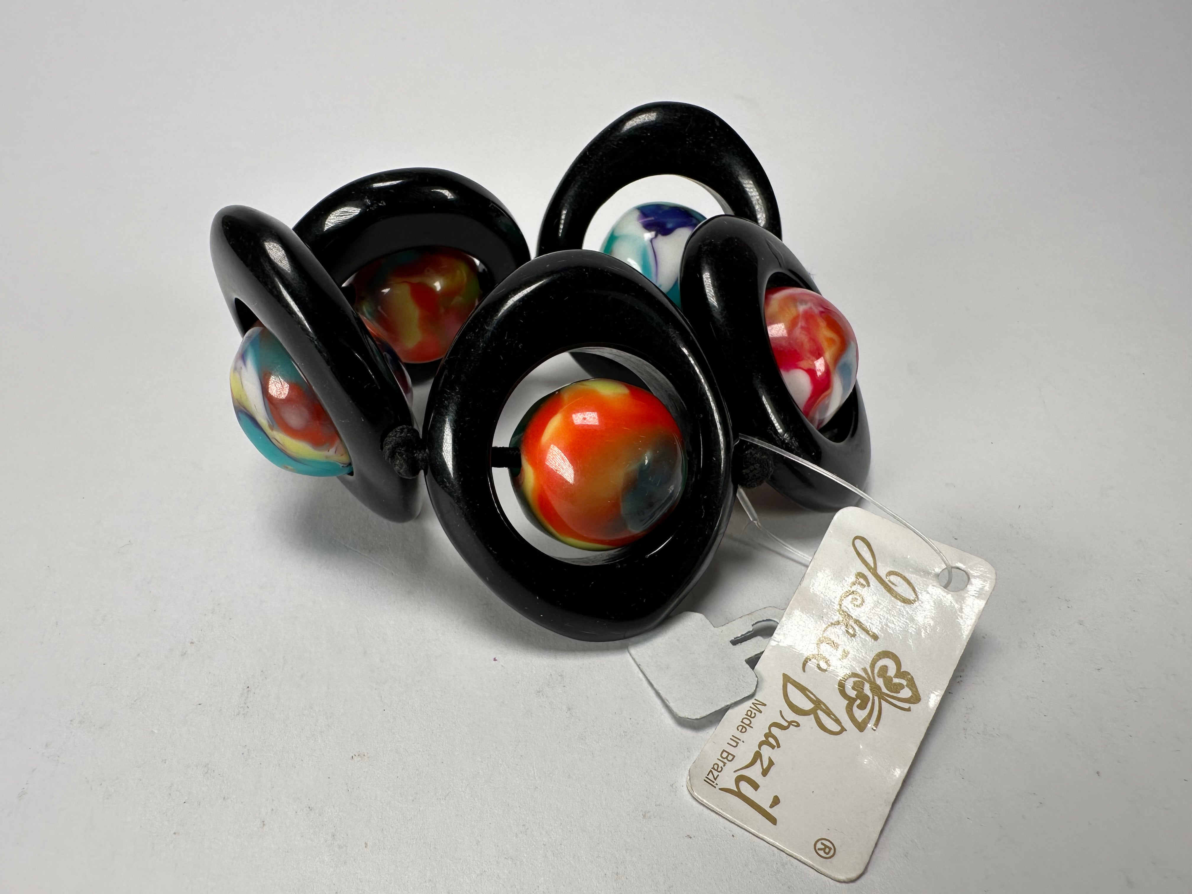 Jackie Brazil "Saturn" Black & Kandinsky Disc & Ball Elastic Bracelet ( B0052 )