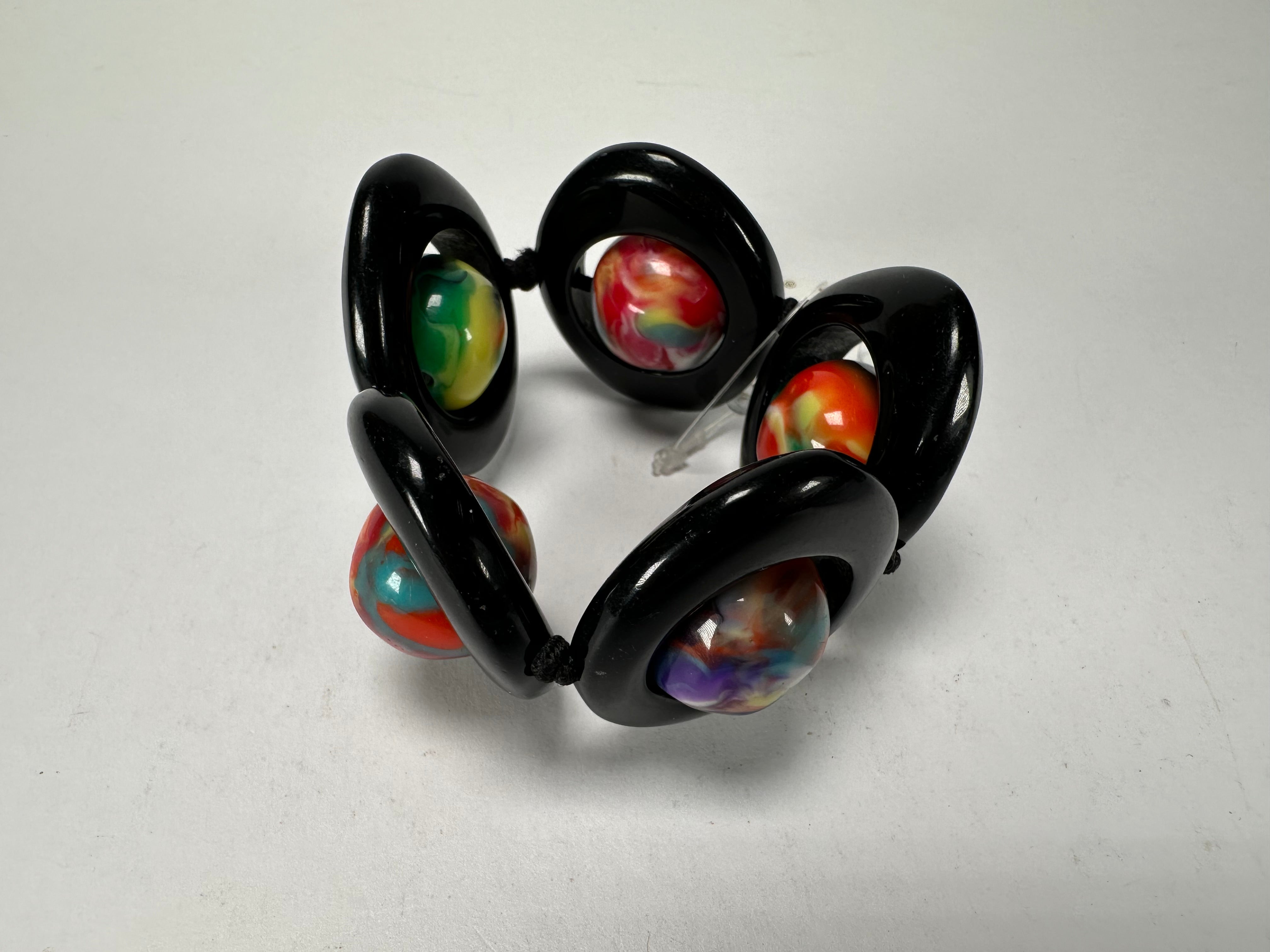 Jackie Brazil "Saturn" Black & Kandinsky Disc & Ball Elastic Bracelet ( B0052 )