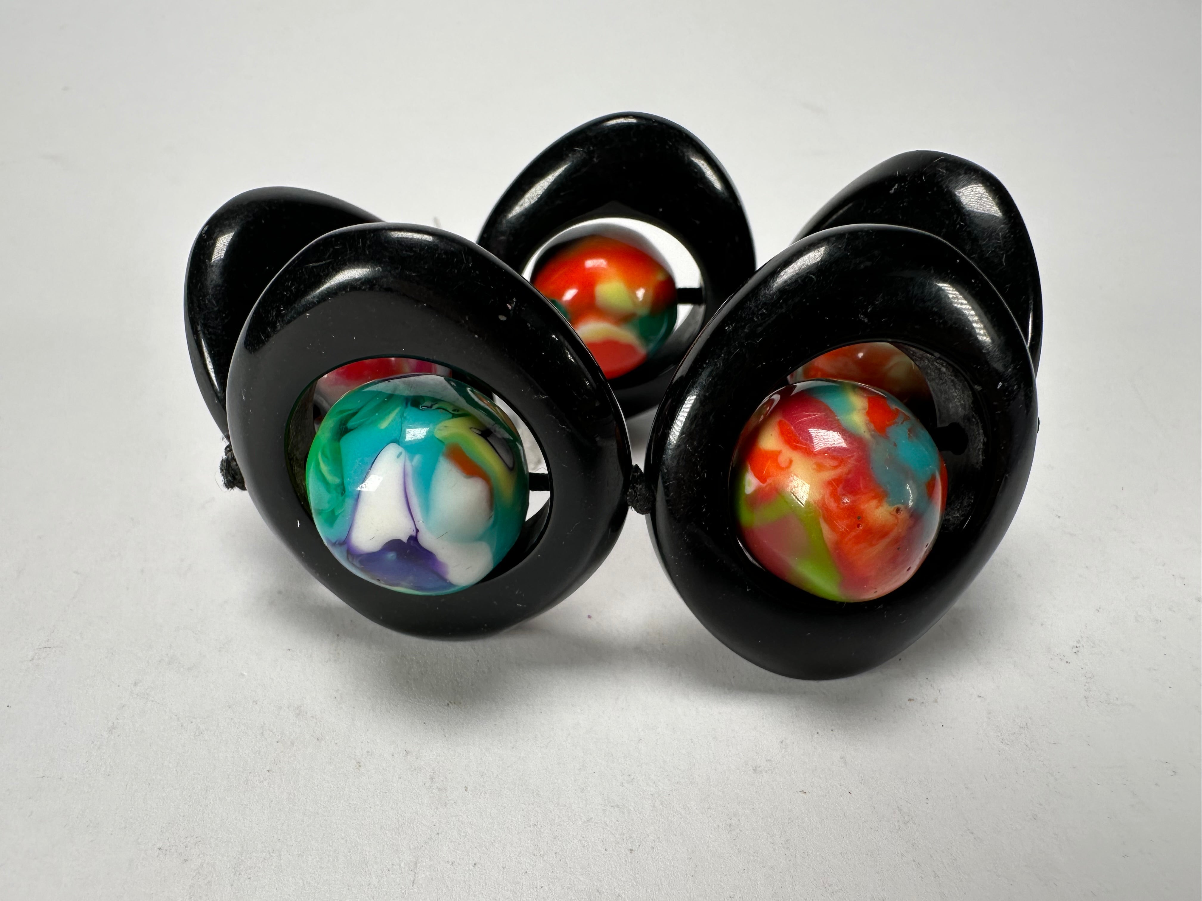 Jackie Brazil "Saturn" Black & Kandinsky Disc & Ball Elastic Bracelet ( B0052 )