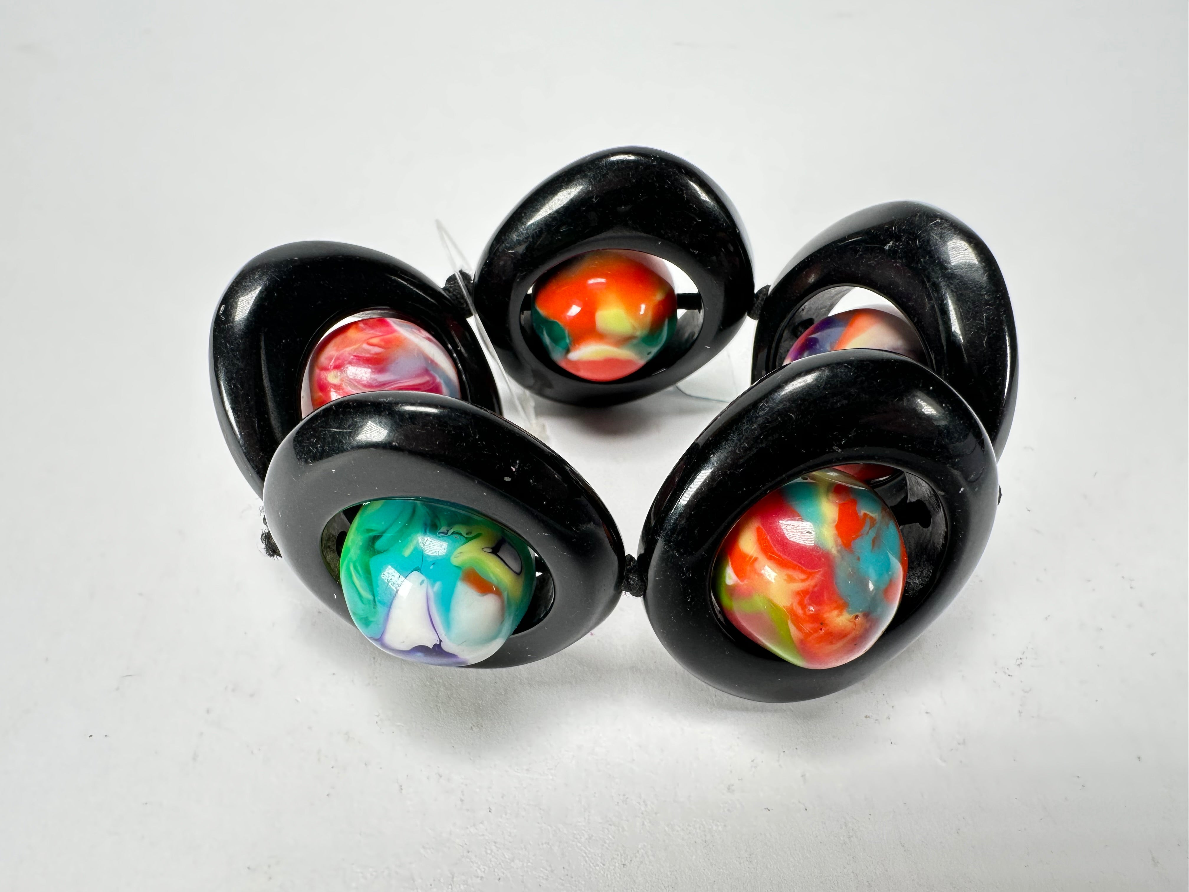 Jackie Brazil "Saturn" Black & Kandinsky Disc & Ball Elastic Bracelet ( B0052 )