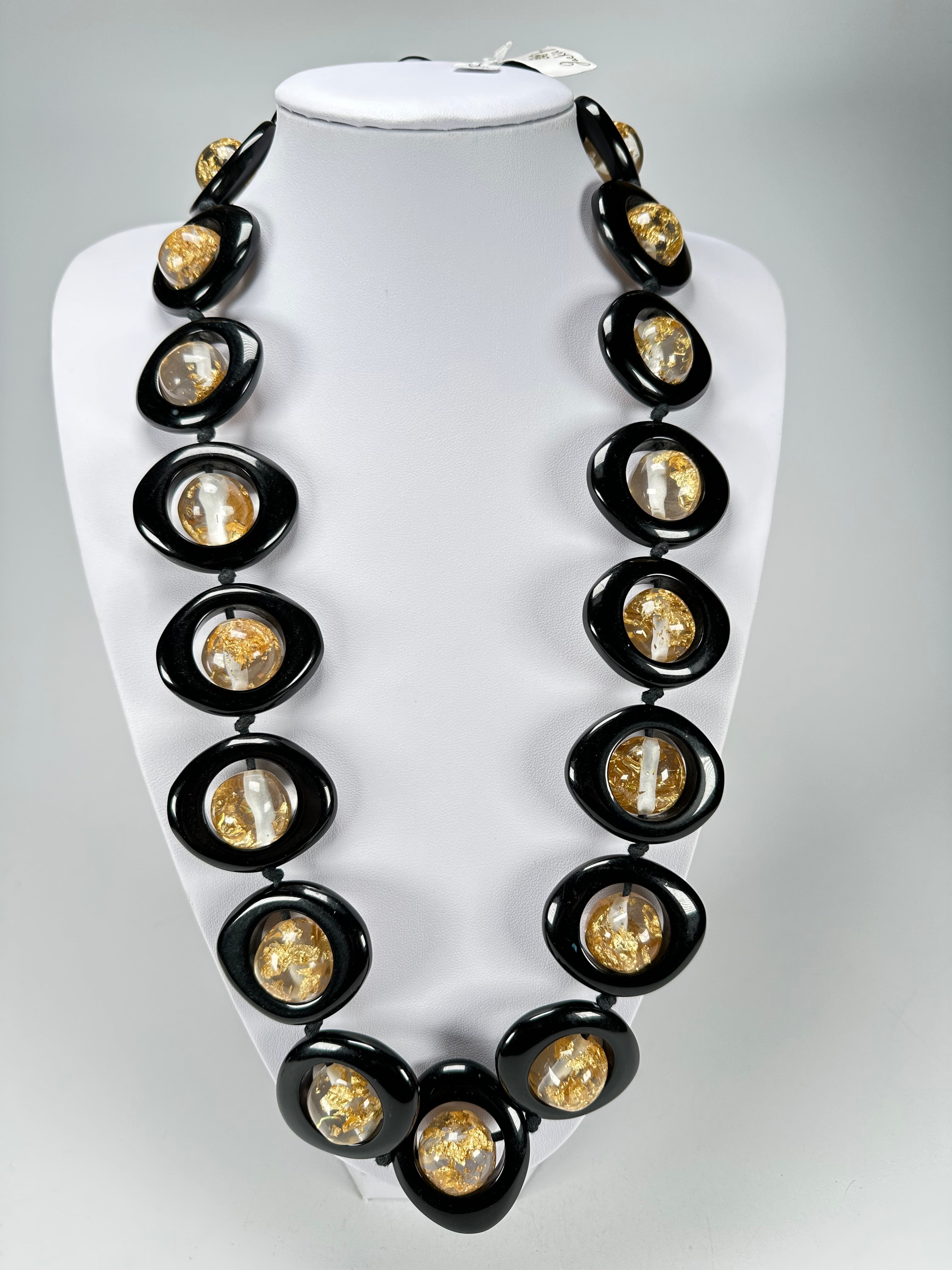 Jackie Brazil "Saturn" Black & Gold Flakes Disc & Ball Long 75cm Necklace ( N0052 )