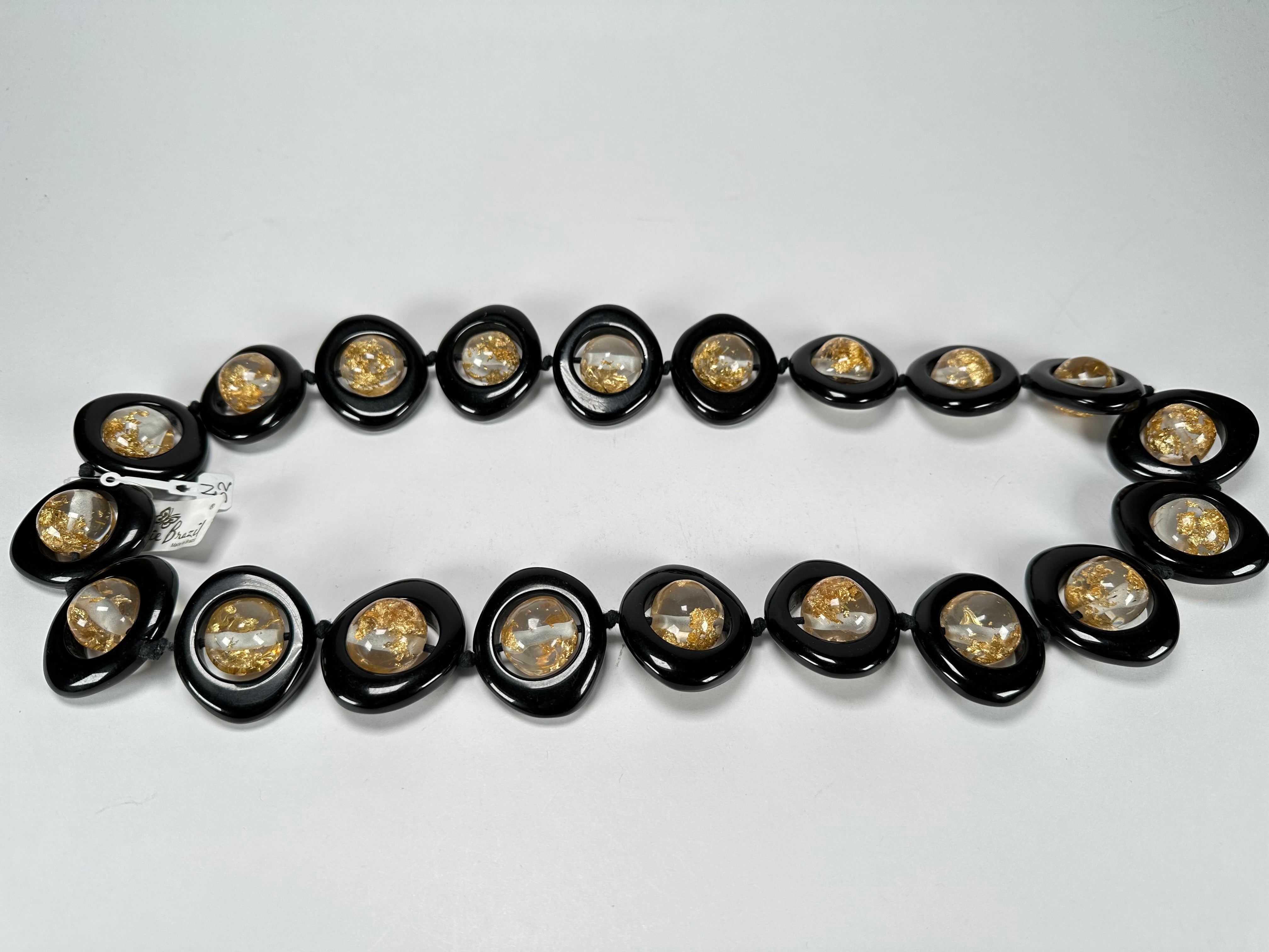 Jackie Brazil "Saturn" Black & Gold Flakes Disc & Ball Long 75cm Necklace ( N0052 )