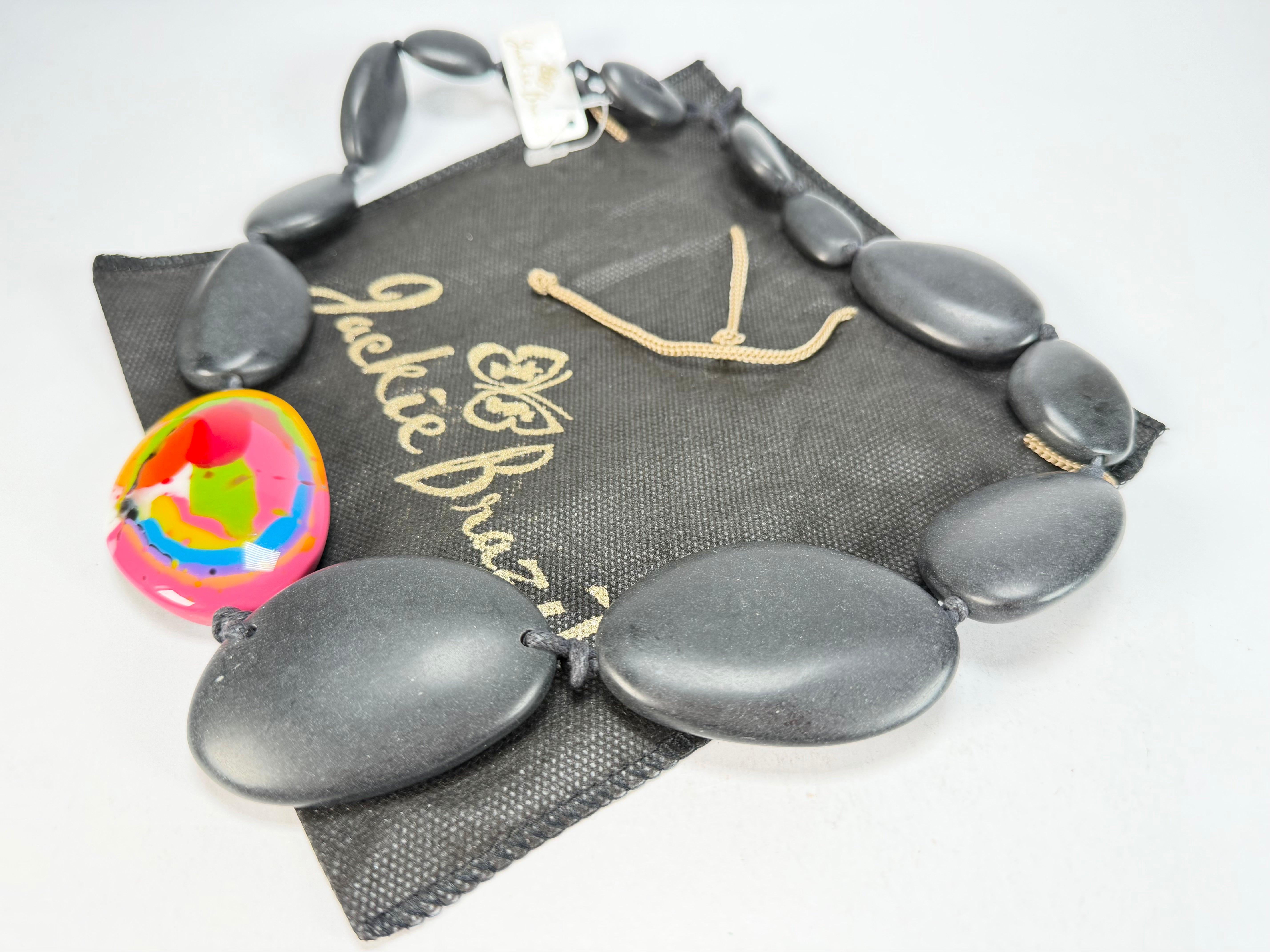 Jackie Brazil "Matt Black & Kandinsky" Long Flat Riverstones 65cm Necklace ( N3700 )