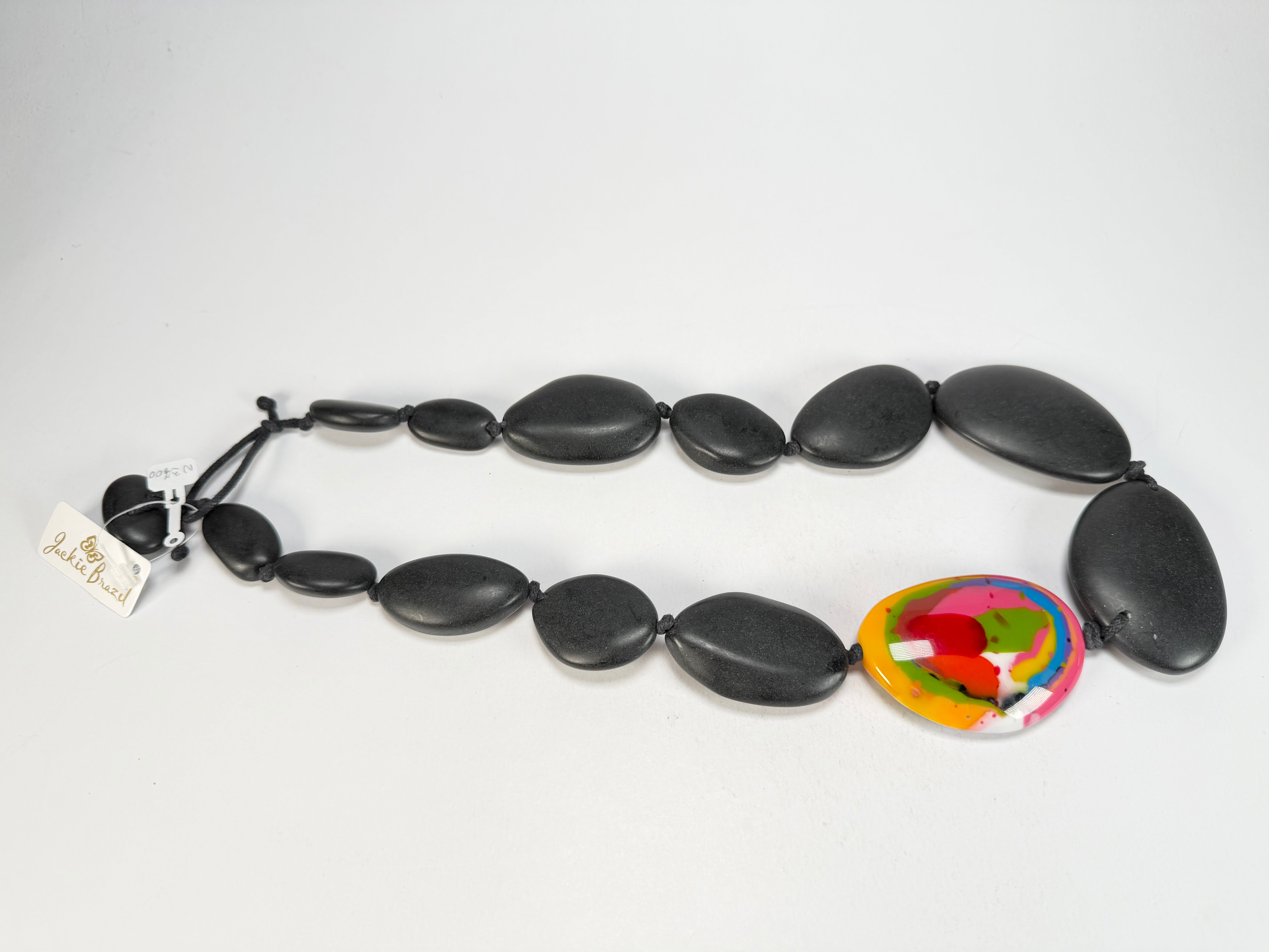 Jackie Brazil "Matt Black & Kandinsky" Long Flat Riverstones 65cm Necklace ( N3700 )