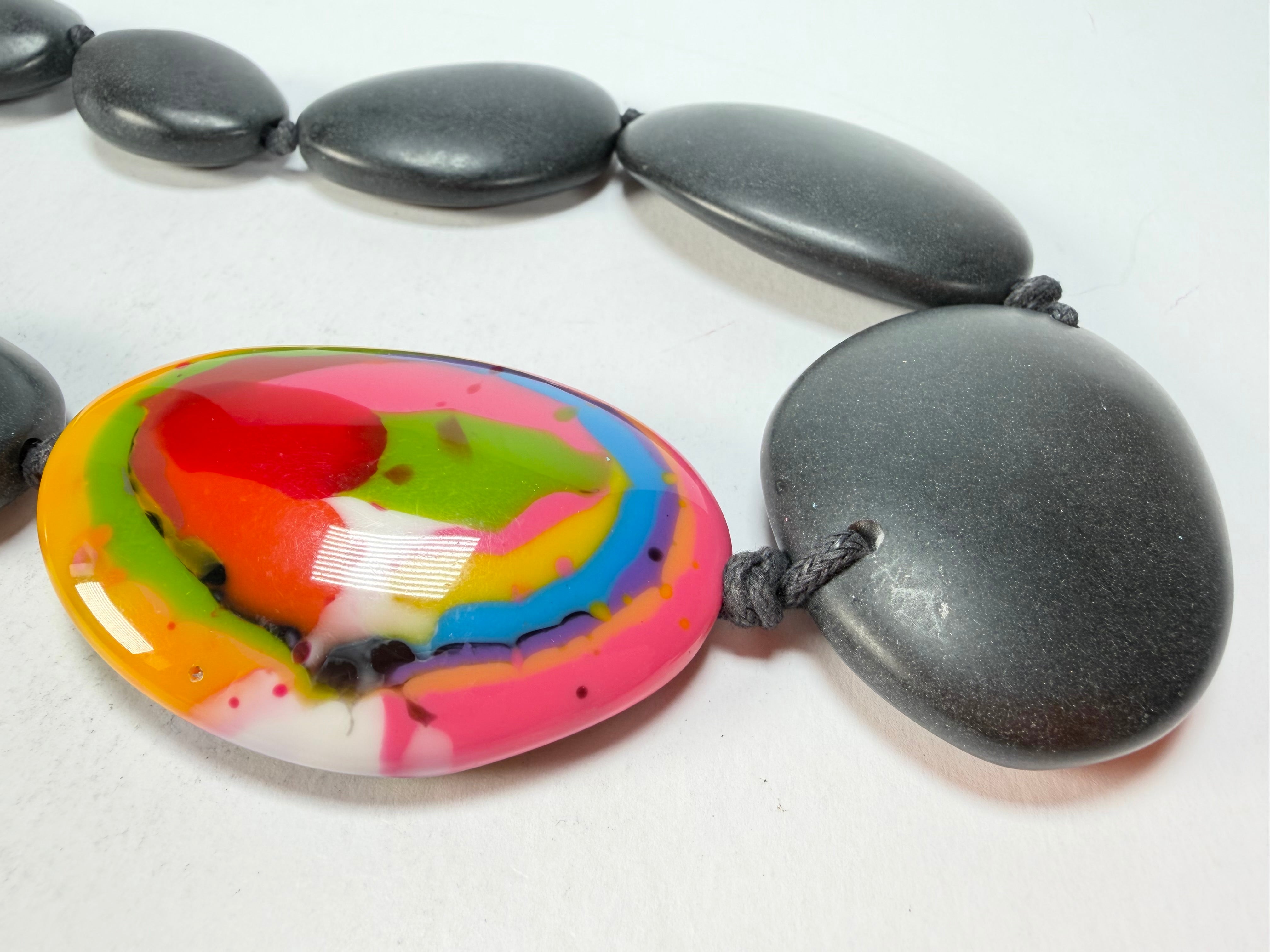 Jackie Brazil "Matt Black & Kandinsky" Long Flat Riverstones 65cm Necklace ( N3700 )