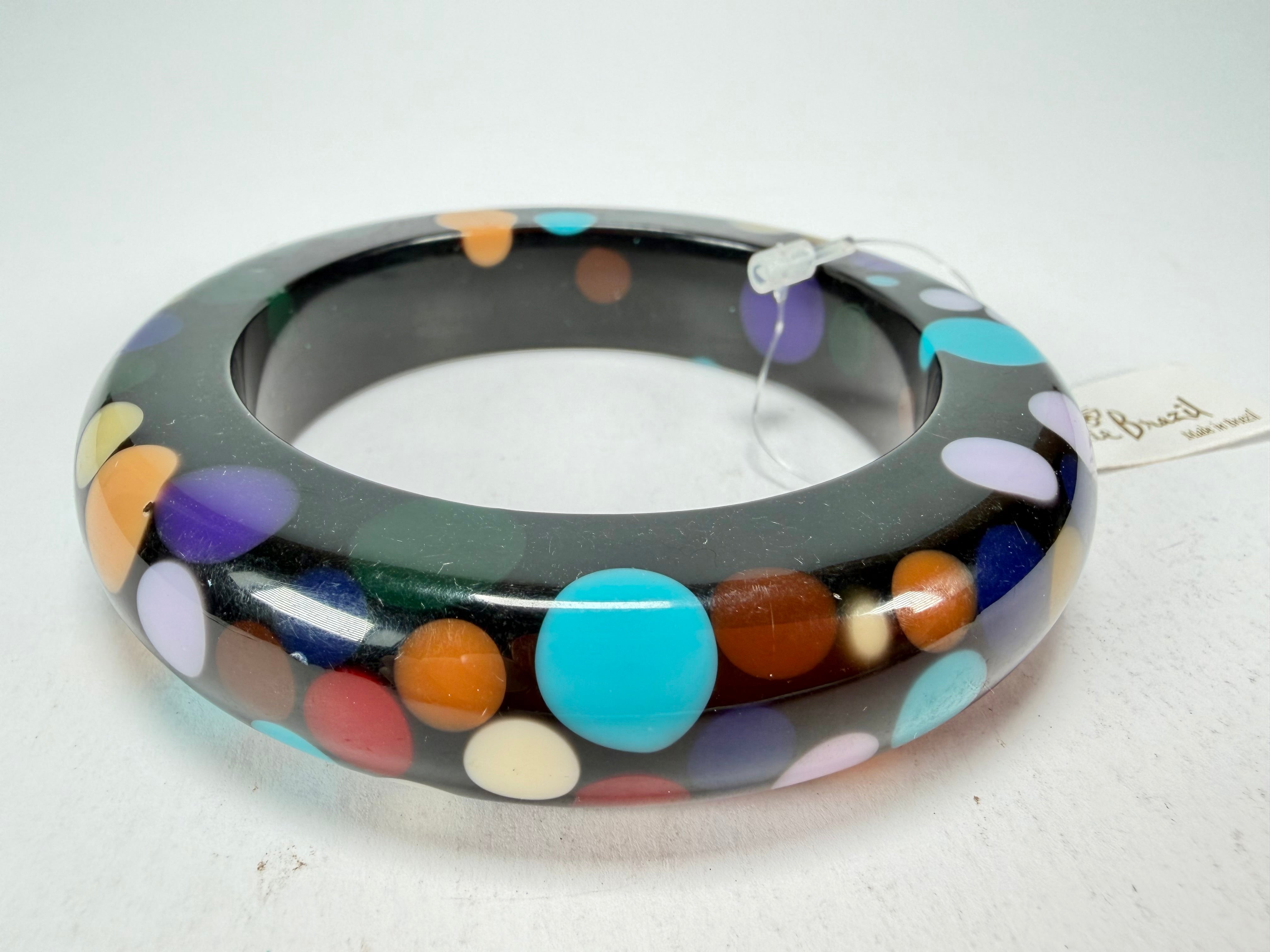 Jackie Brazil "Shinny Spotted" Black & Mix Spots Solid Round Resin 1.7cm Bangle ( B1726 )