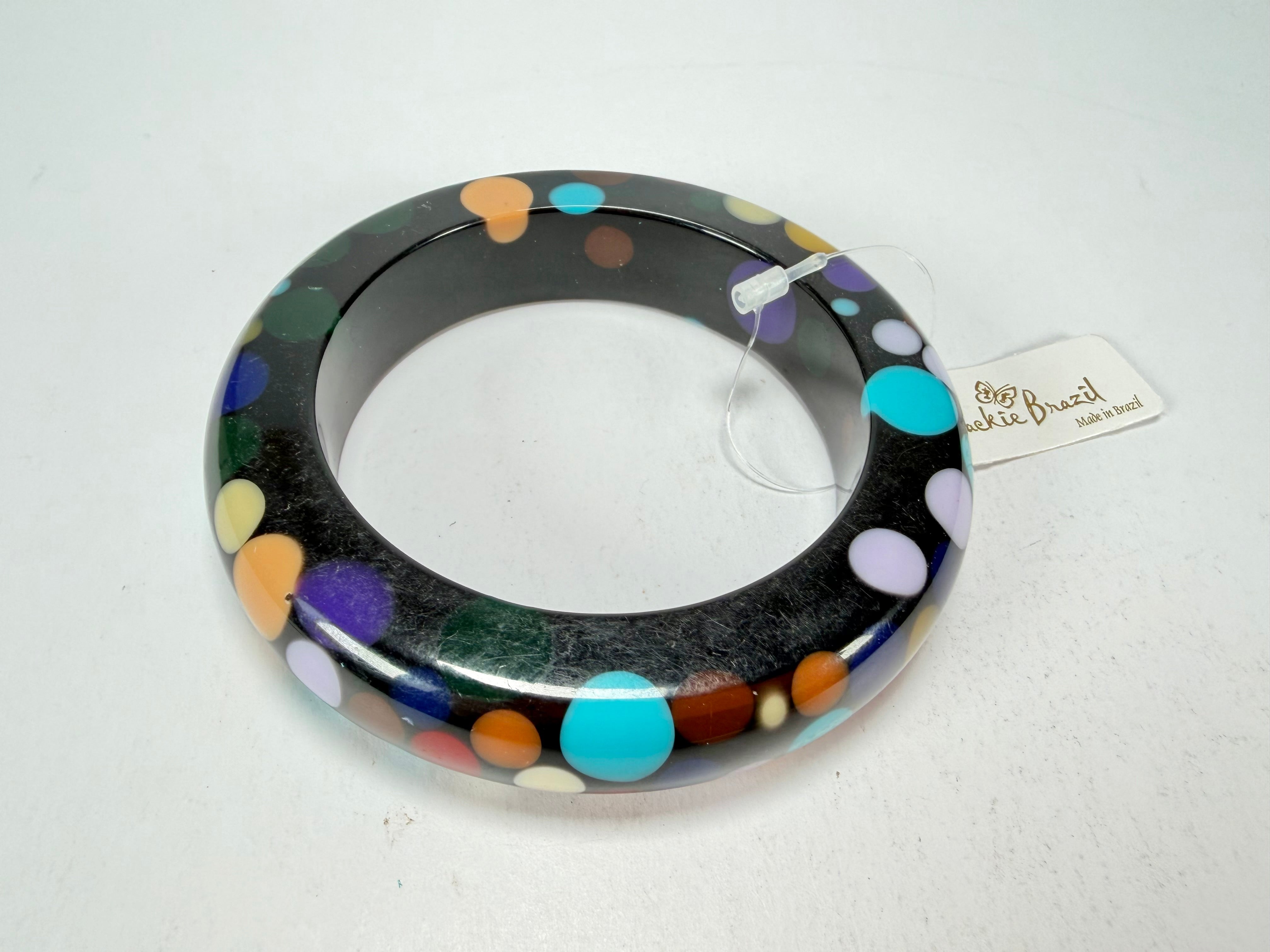 Jackie Brazil "Shinny Spotted" Black & Mix Spots Solid Round Resin 1.7cm Bangle ( B1726 )