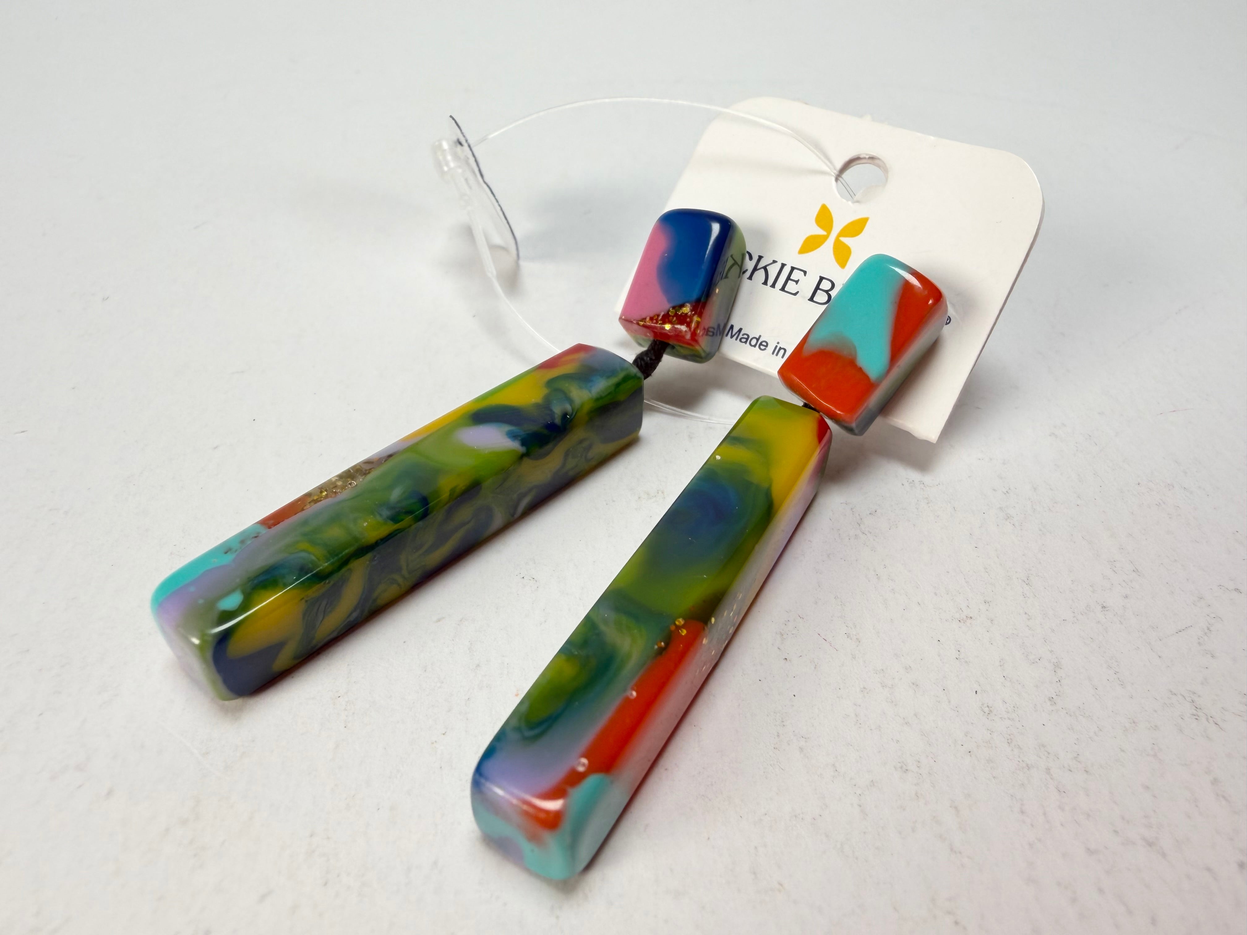 Jackie Brazil "Crown" Kandinsky Mix Thin Rectangle Resin Earrings ( E2335 )
