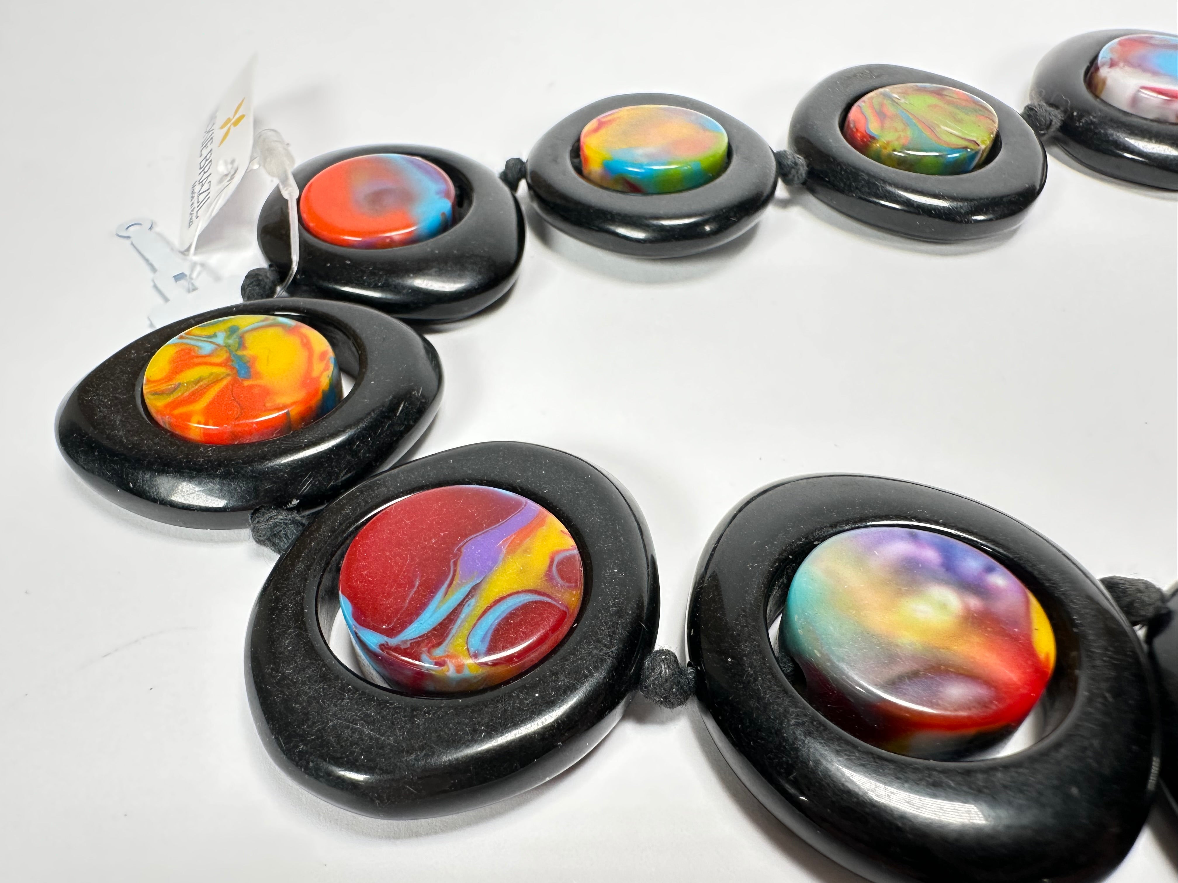 Jackie Brazil "Saturn" Black & Kandinsky Disk and Cylinder Long 75cm Necklace ( N0065 )