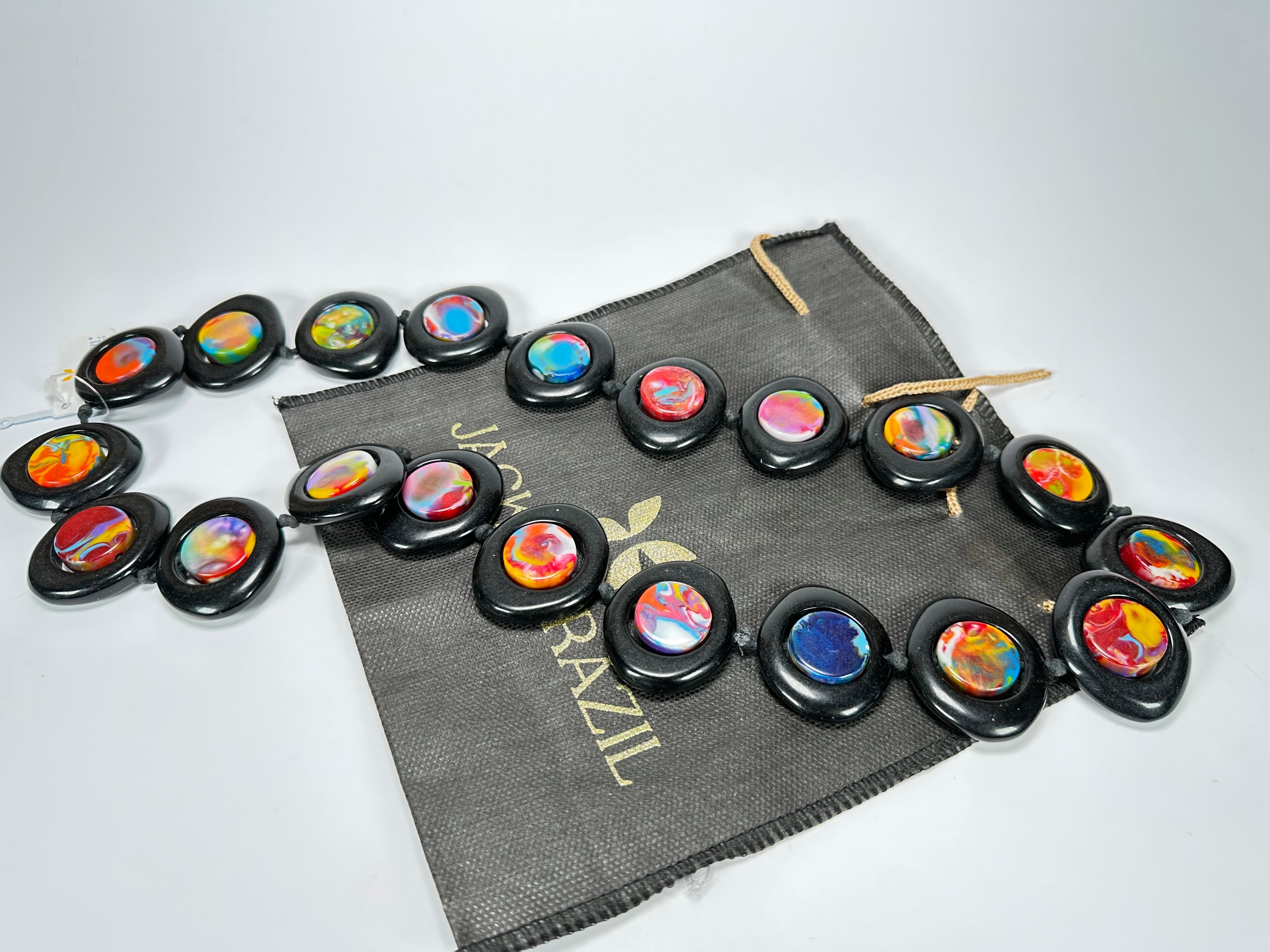 Jackie Brazil "Saturn" Black & Kandinsky Disk and Cylinder Long 75cm Necklace ( N0065 )